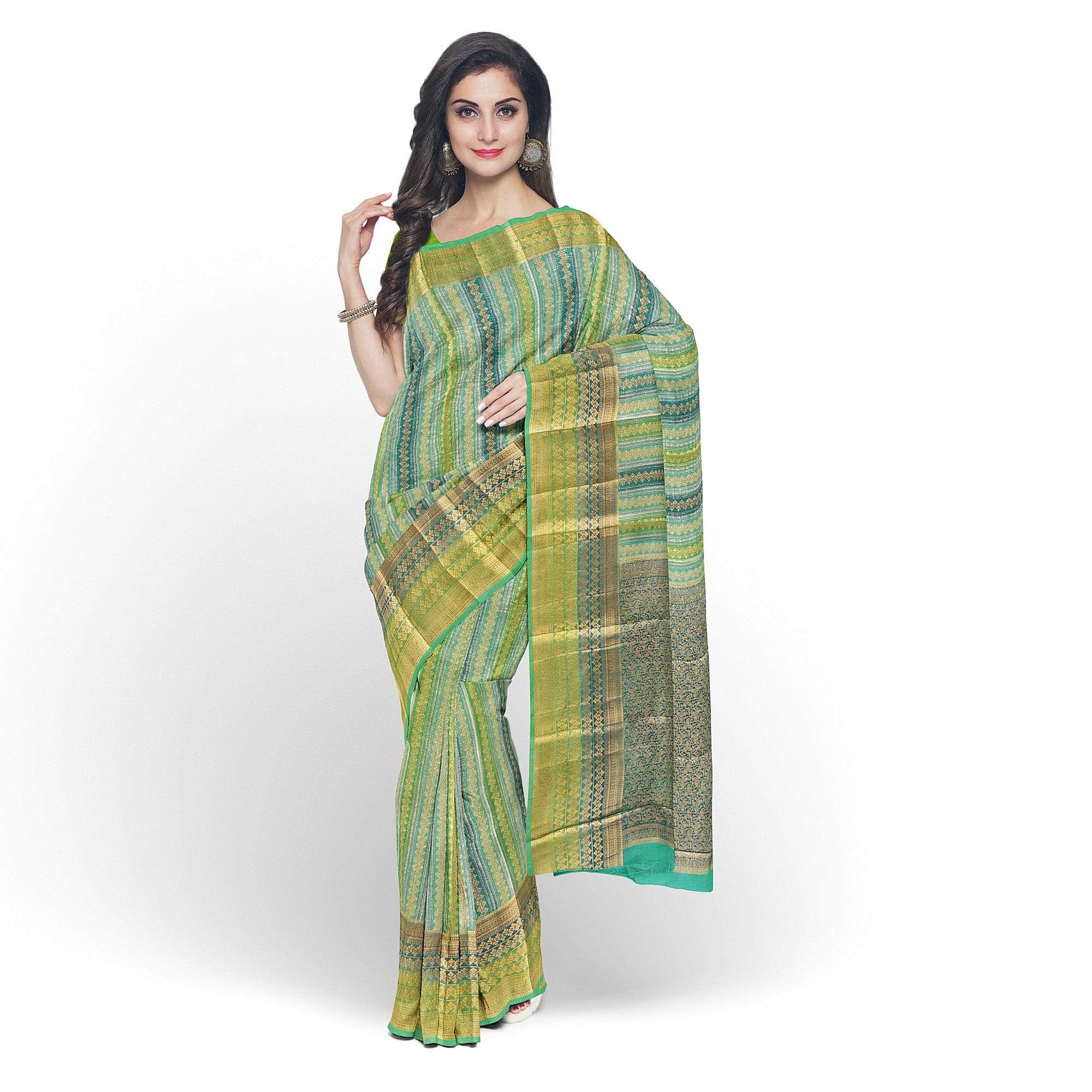 Greenish & blue Blue organza Saree with Gold Zari Work and Fancy Border – Elegant Handloom Saree Online - New Sudarshan Silks`