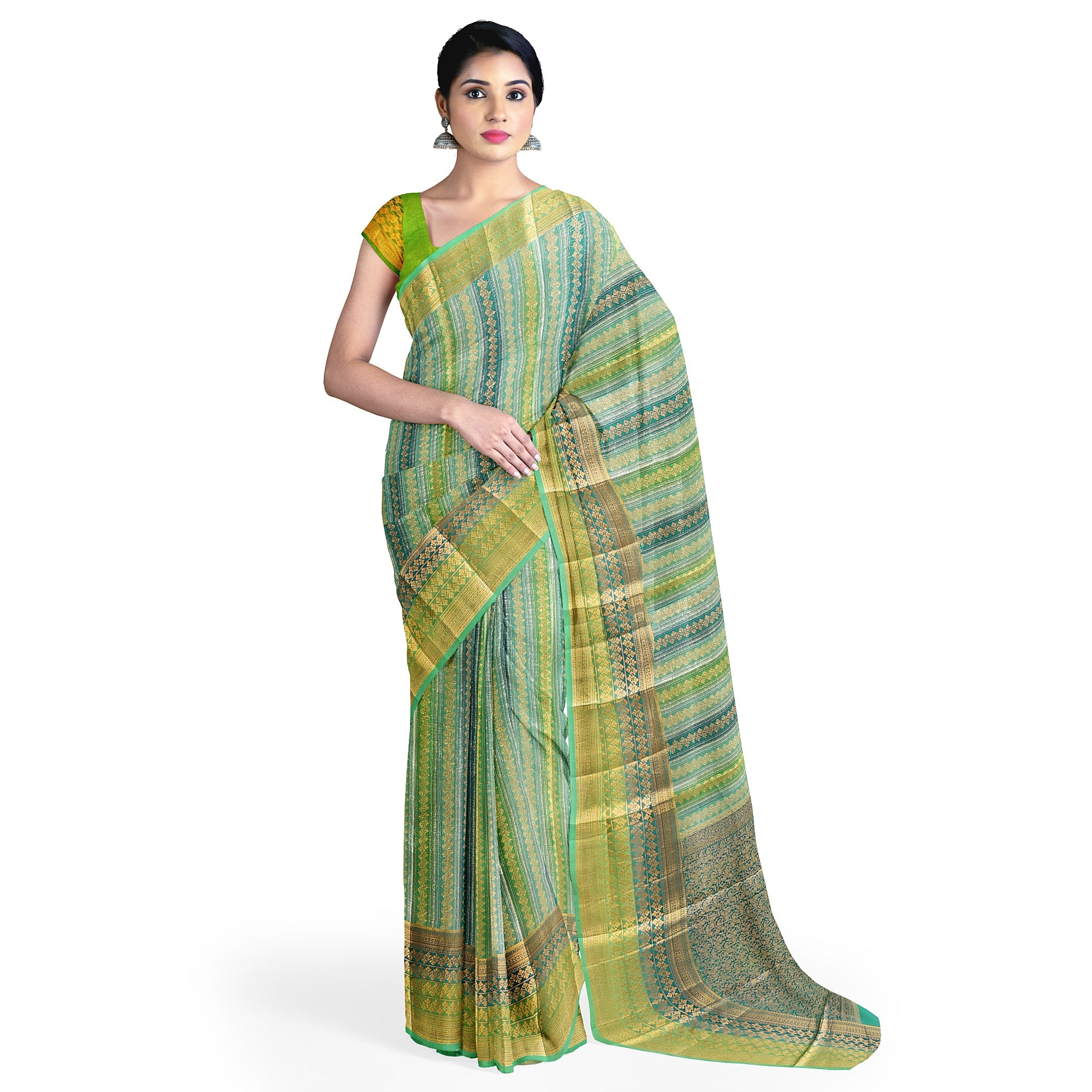 Greenish & blue Blue organza Saree with Gold Zari Work and Fancy Border – Elegant Handloom Saree Online - New Sudarshan Silks`