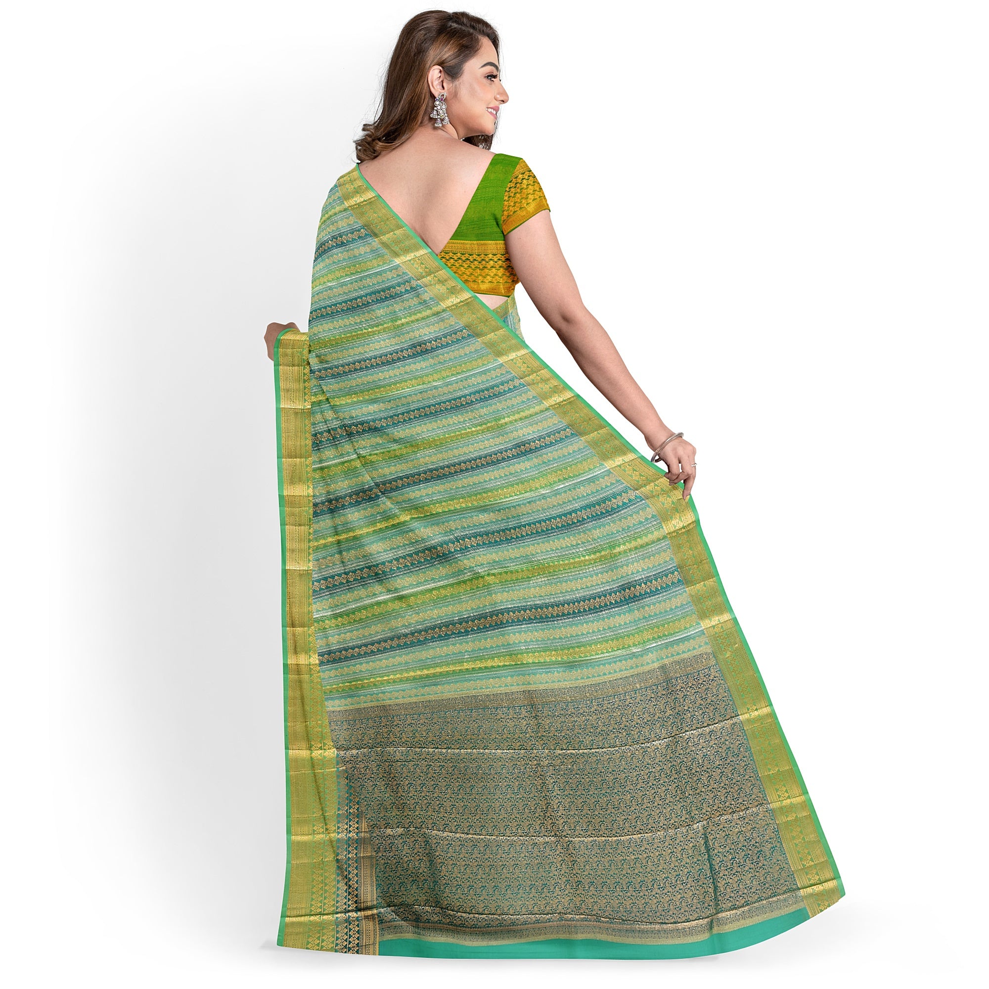 Greenish & blue Blue organza Saree with Gold Zari Work and Fancy Border – Elegant Handloom Saree Online - New Sudarshan Silks`