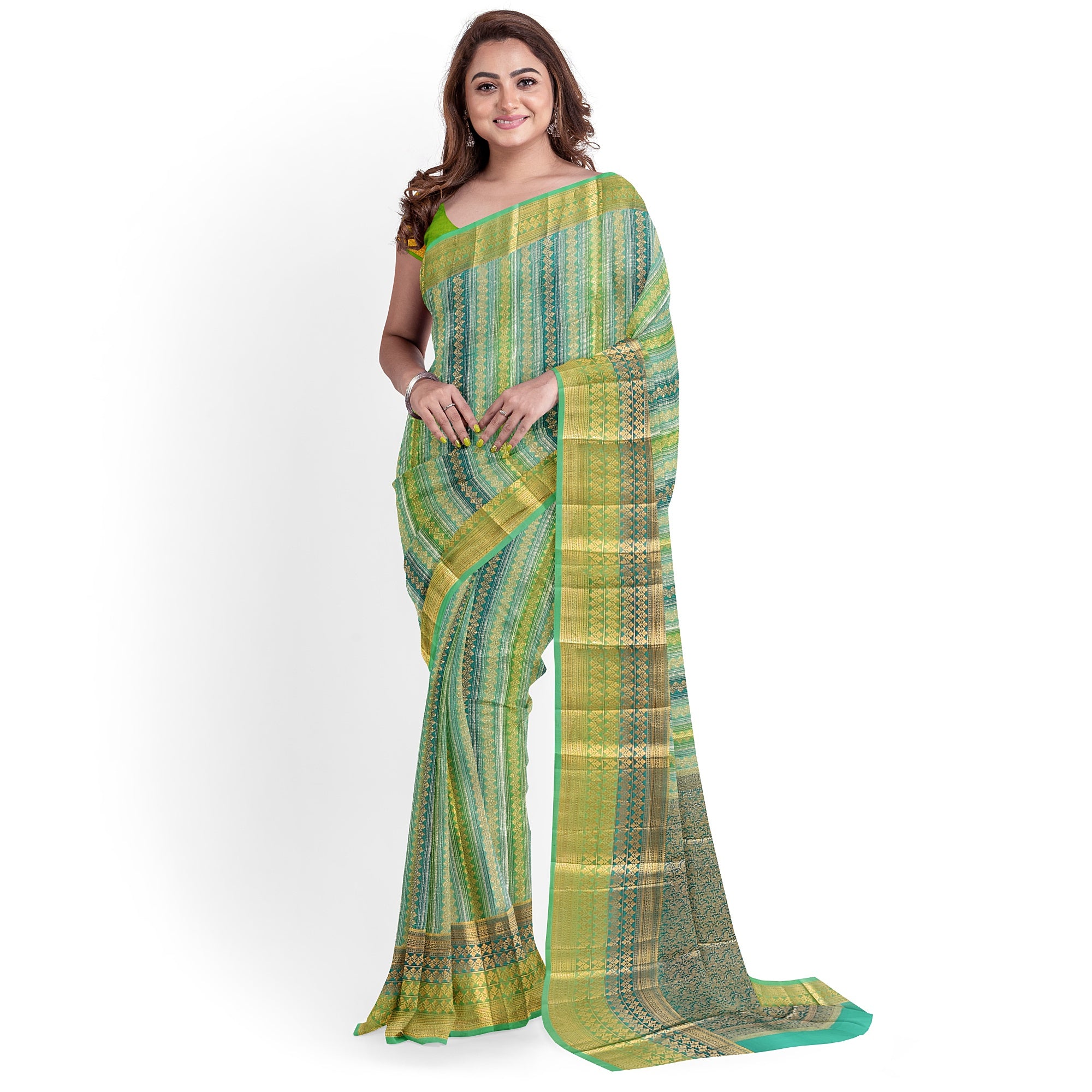 Greenish & blue Blue organza Saree with Gold Zari Work and Fancy Border – Elegant Handloom Saree Online - New Sudarshan Silks`