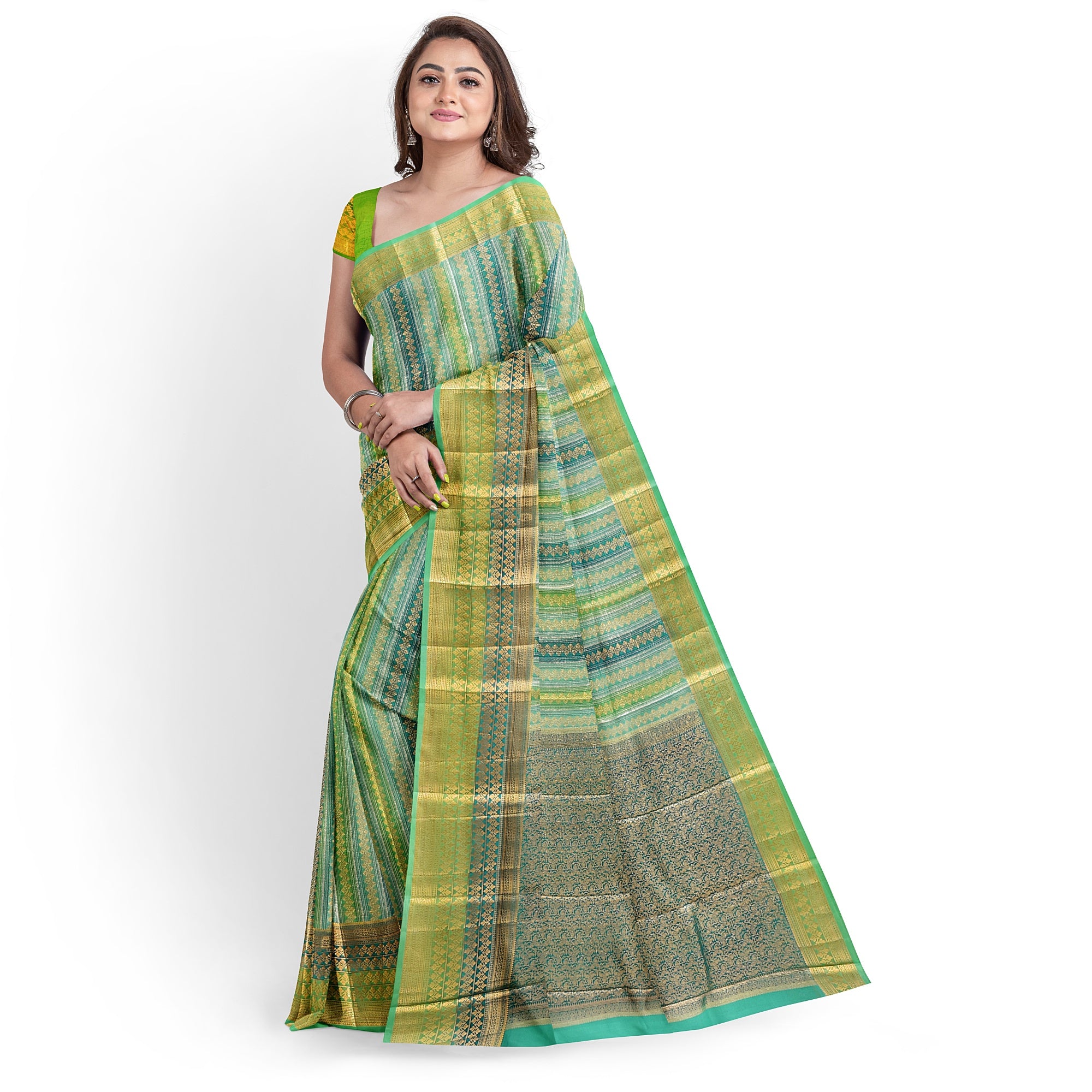 Greenish & blue Blue organza Saree with Gold Zari Work and Fancy Border – Elegant Handloom Saree Online - New Sudarshan Silks`