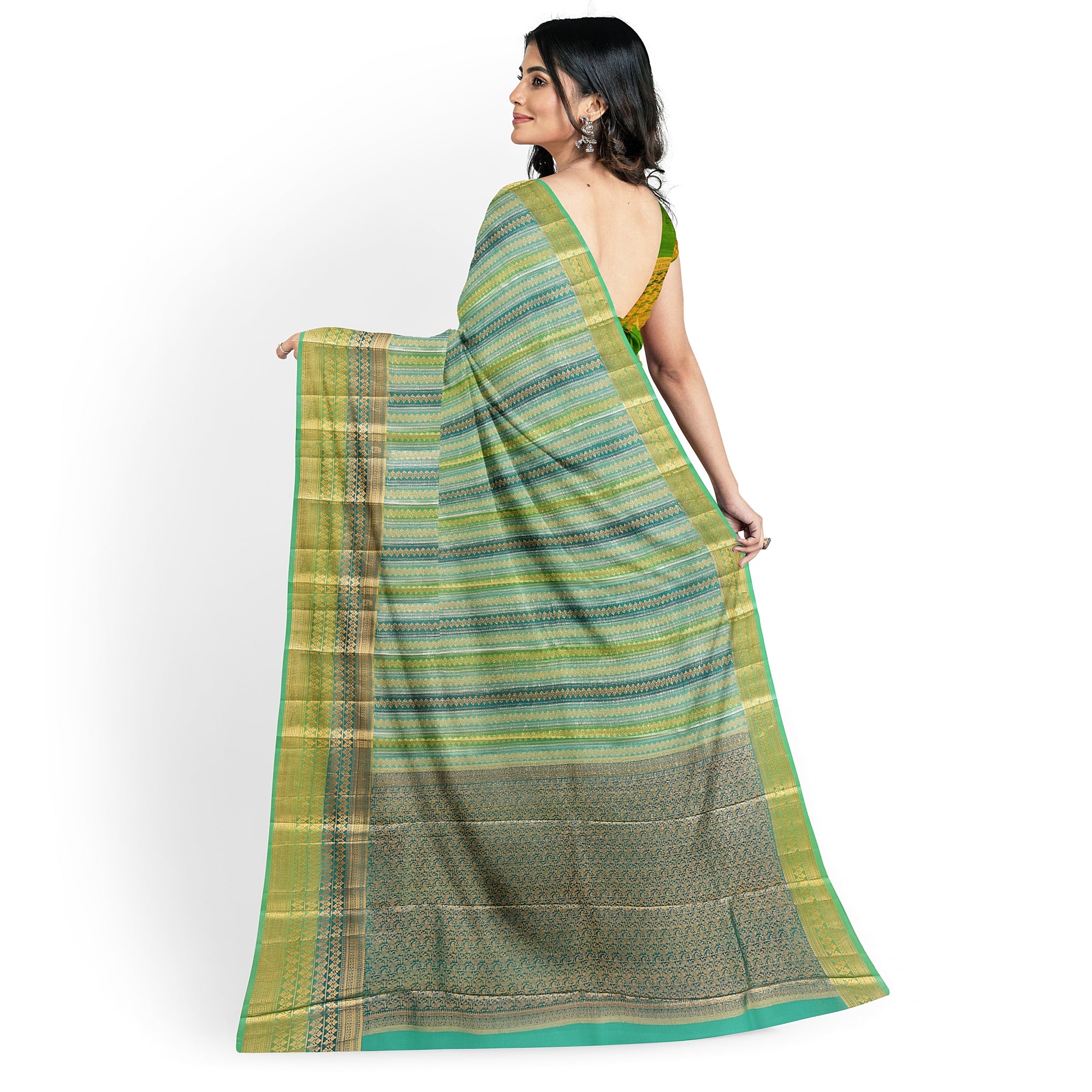 Greenish & blue Blue organza Saree with Gold Zari Work and Fancy Border – Elegant Handloom Saree Online - New Sudarshan Silks`