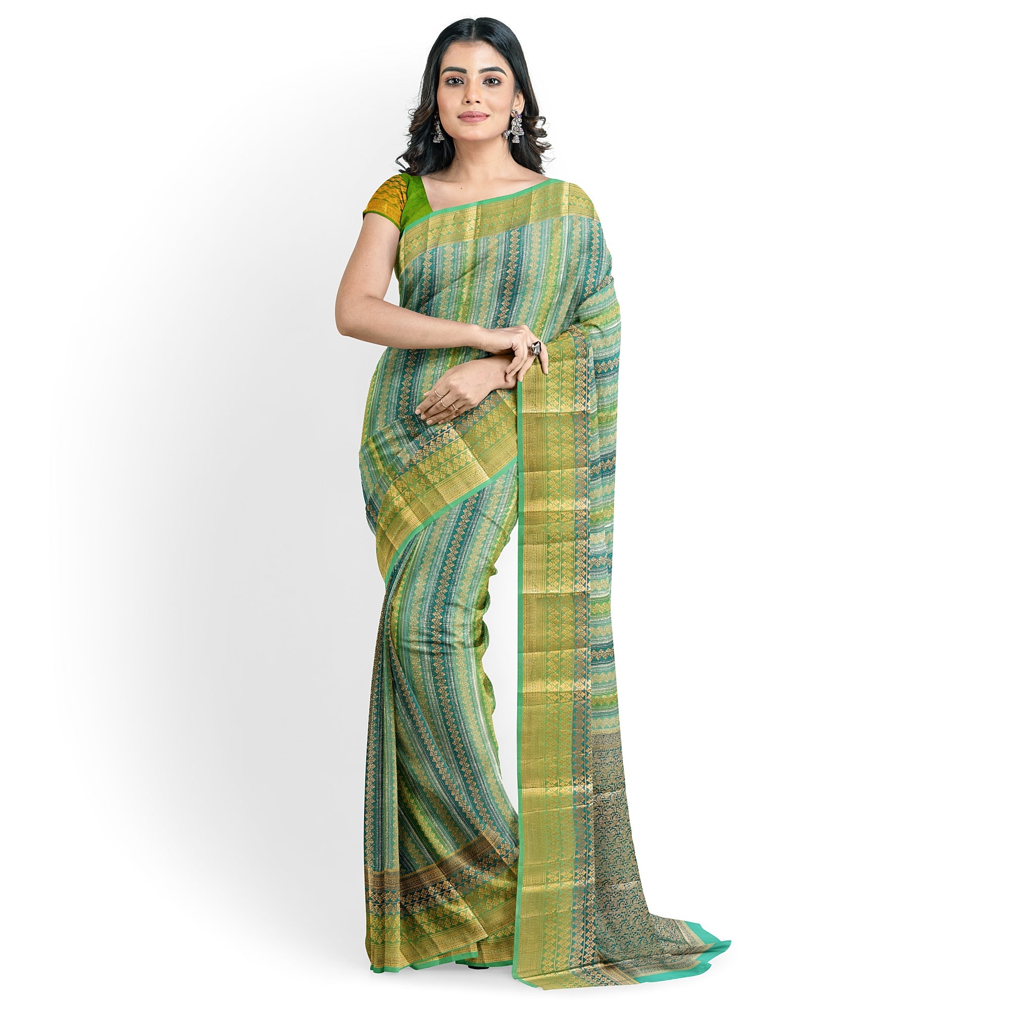 Greenish & blue Blue organza Saree with Gold Zari Work and Fancy Border – Elegant Handloom Saree Online - New Sudarshan Silks`