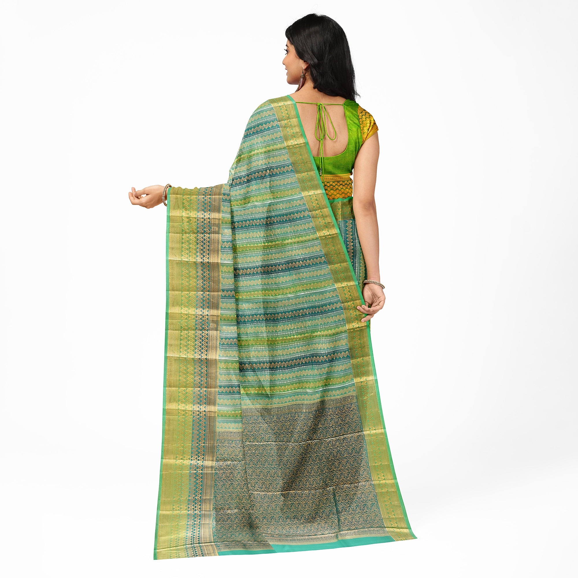 Greenish & blue Blue organza Saree with Gold Zari Work and Fancy Border – Elegant Handloom Saree Online - New Sudarshan Silks`