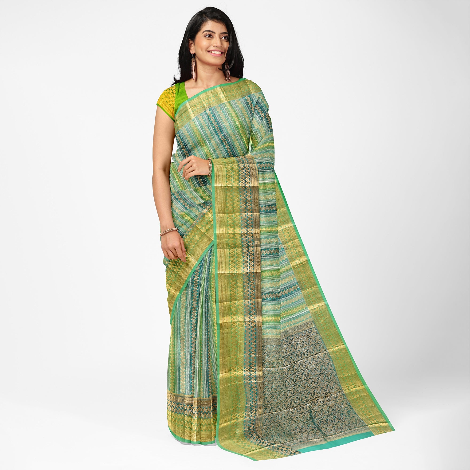 Greenish & blue Blue organza Saree with Gold Zari Work and Fancy Border – Elegant Handloom Saree Online - New Sudarshan Silks`