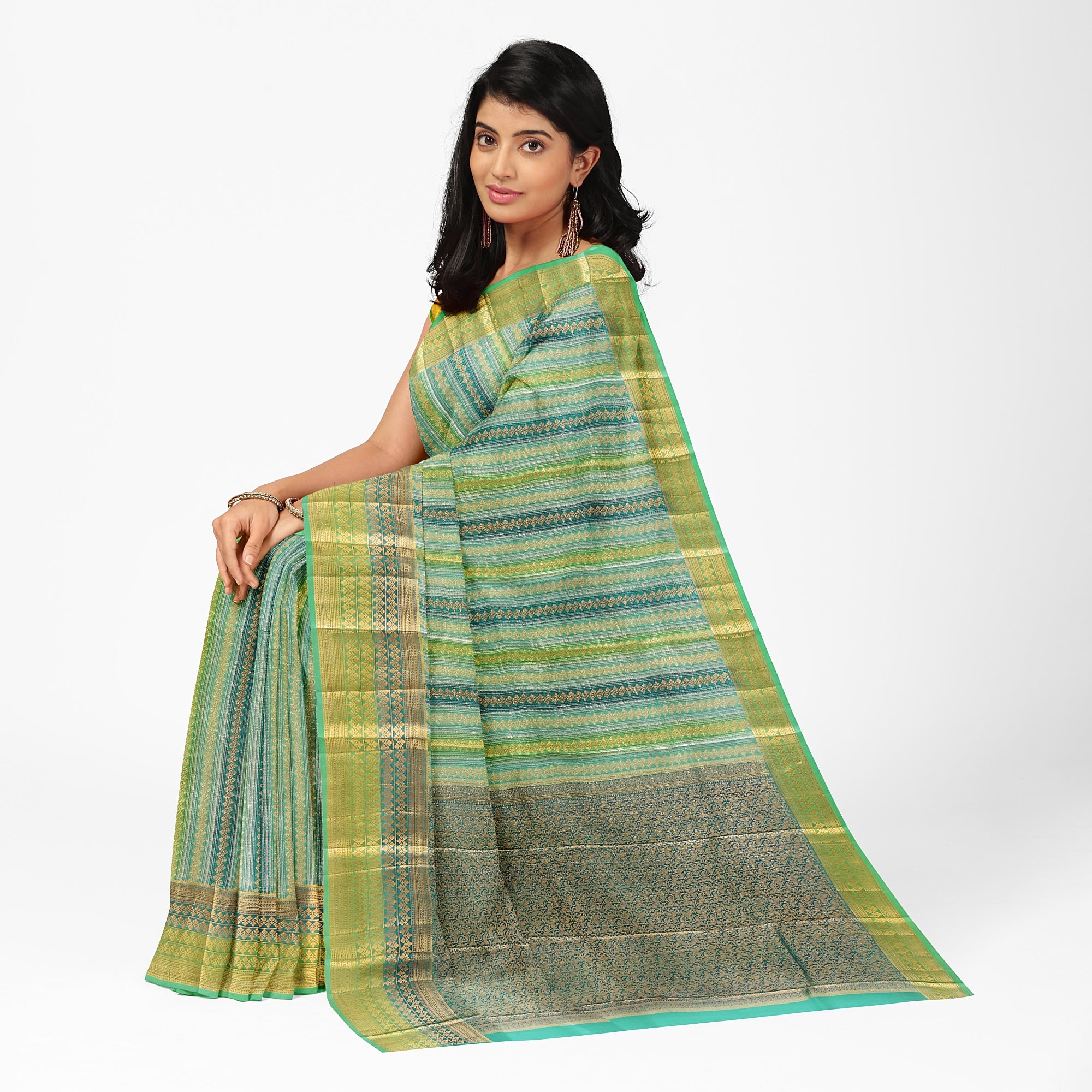Greenish & blue Blue organza Saree with Gold Zari Work and Fancy Border – Elegant Handloom Saree Online - New Sudarshan Silks`