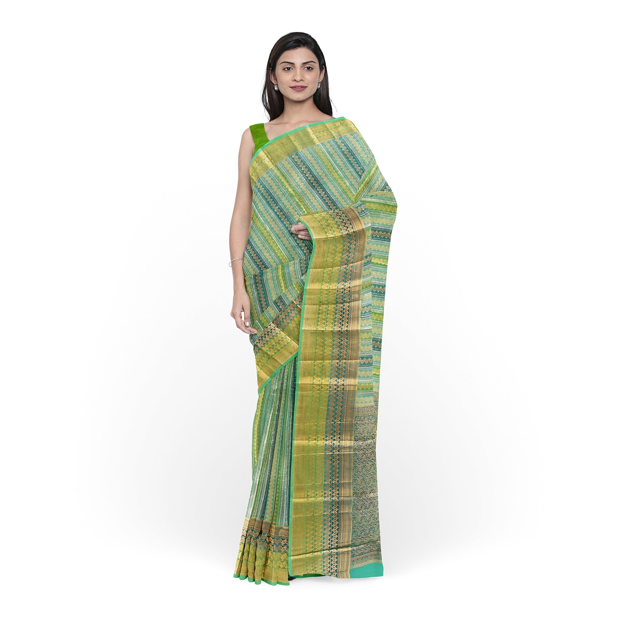 Greenish & blue Blue organza Saree with Gold Zari Work and Fancy Border – Elegant Handloom Saree Online - New Sudarshan Silks`