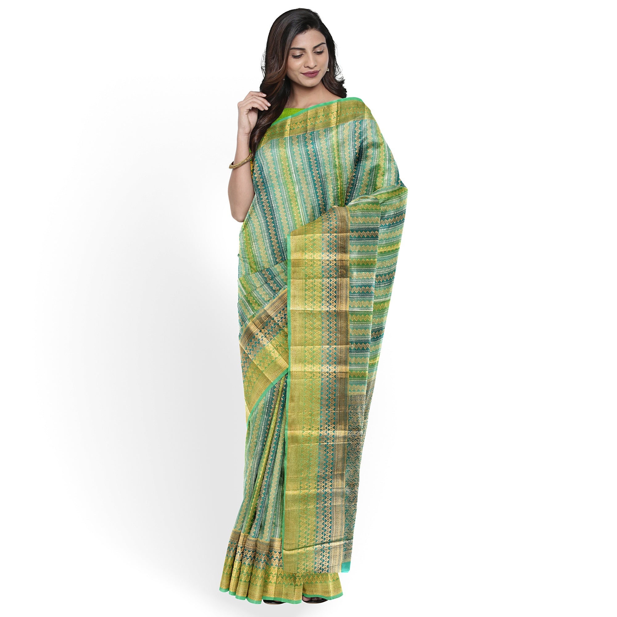 Greenish & blue Blue organza Saree with Gold Zari Work and Fancy Border – Elegant Handloom Saree Online - New Sudarshan Silks`