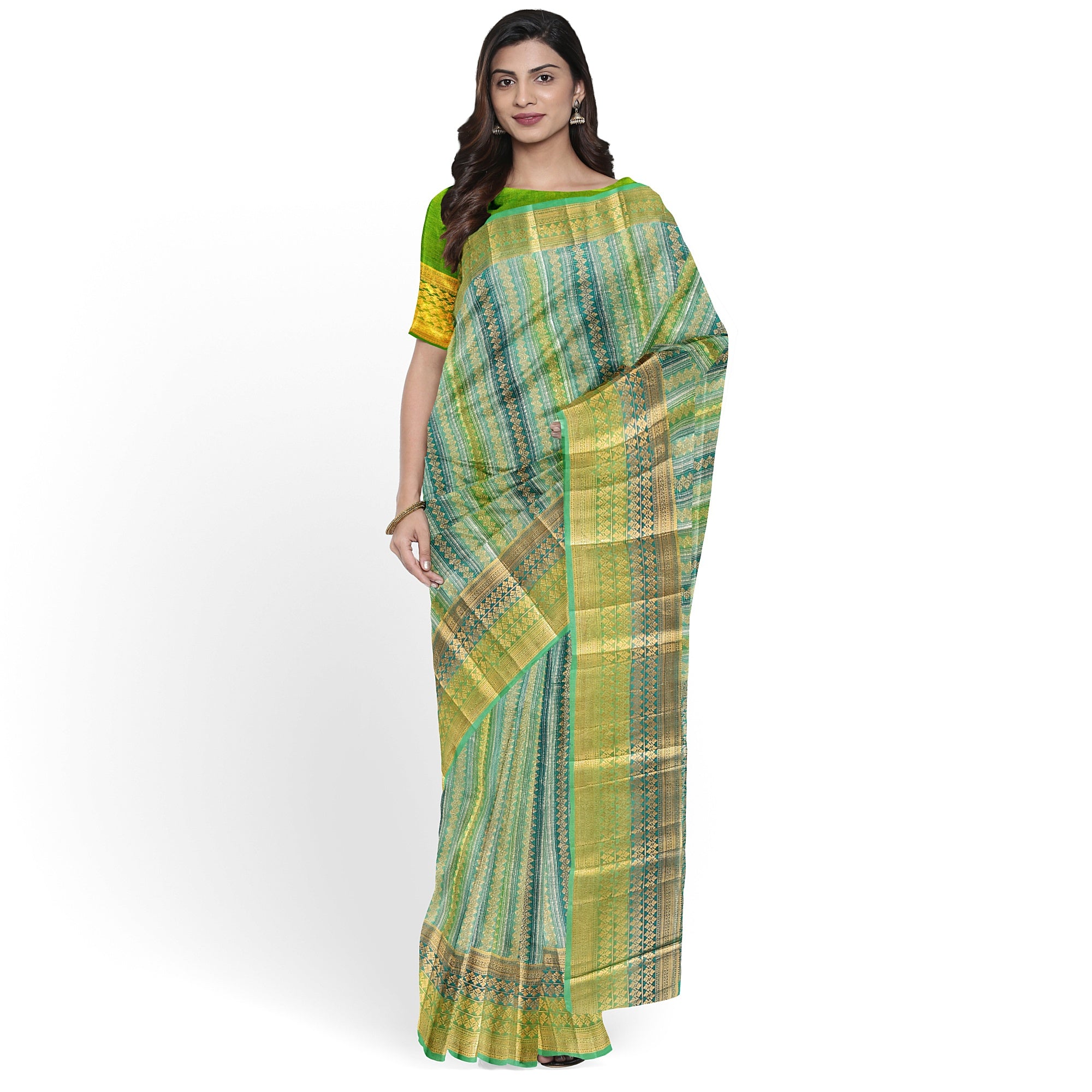 Greenish & blue Blue organza Saree with Gold Zari Work and Fancy Border – Elegant Handloom Saree Online - New Sudarshan Silks`