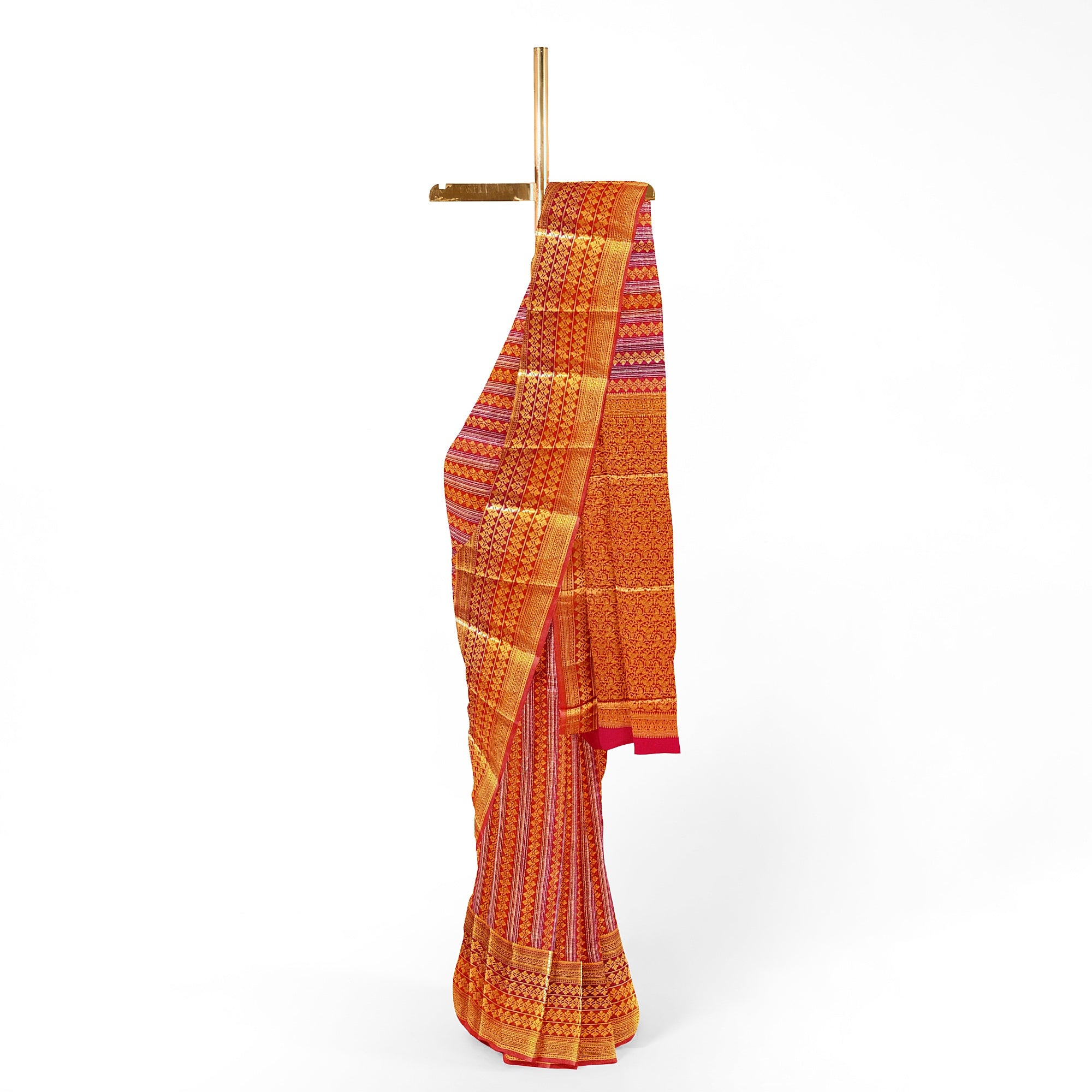 Orange Peachish organza Saree with Gold Zari Work and Fancy Border – Elegant Handloom Saree Online - New Sudarshan Silks`