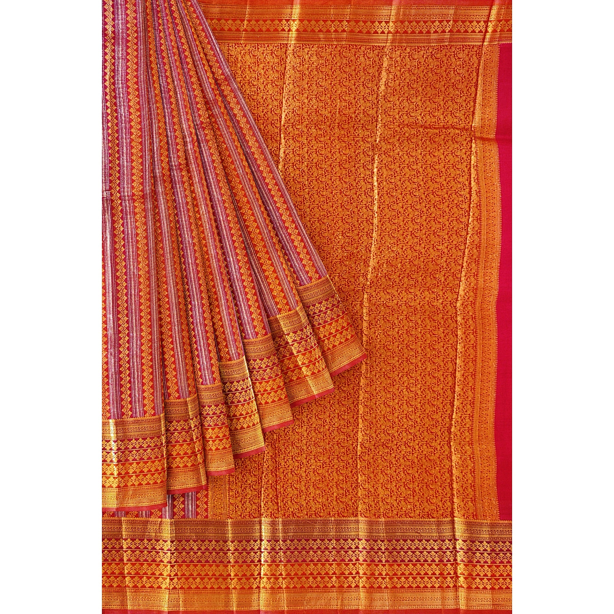 Orange Peachish organza Saree with Gold Zari Work and Fancy Border – Elegant Handloom Saree Online - New Sudarshan Silks`