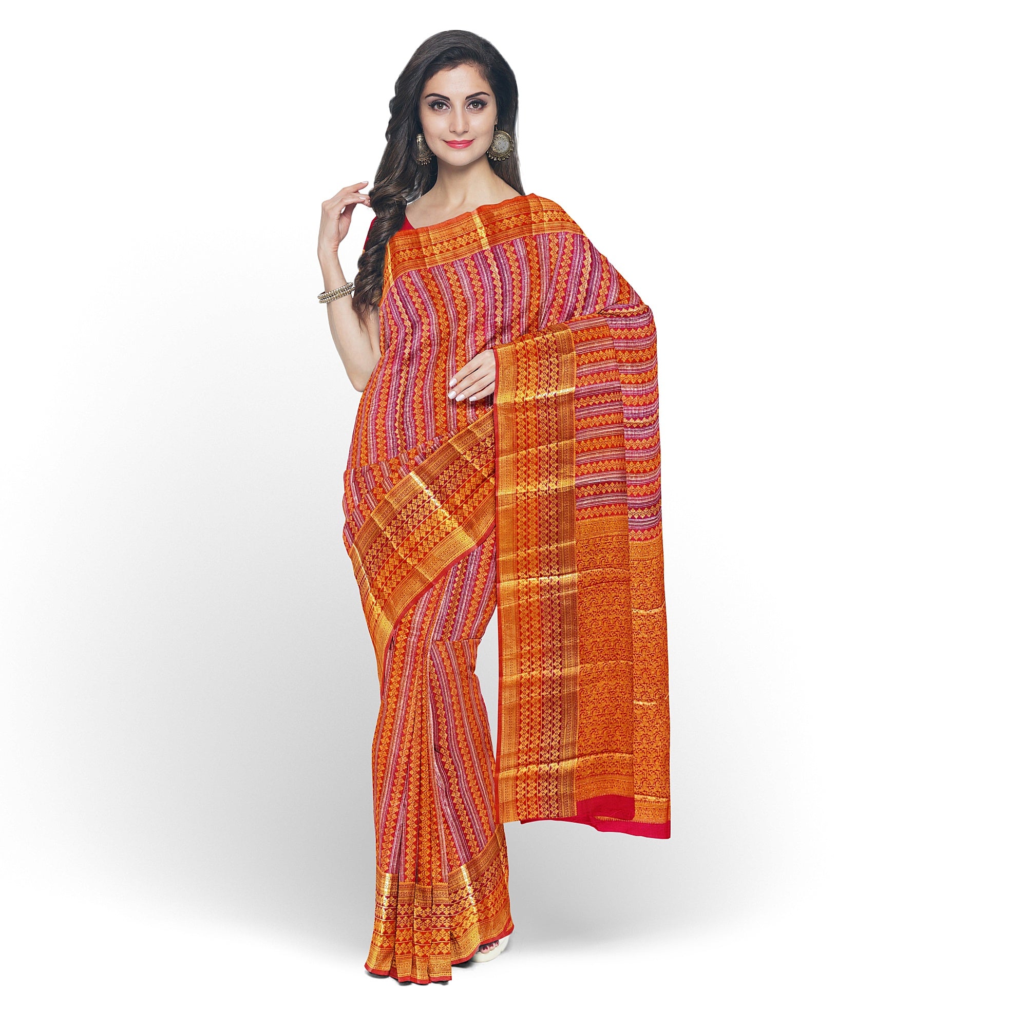 Orange Peachish organza Saree with Gold Zari Work and Fancy Border – Elegant Handloom Saree Online - New Sudarshan Silks`