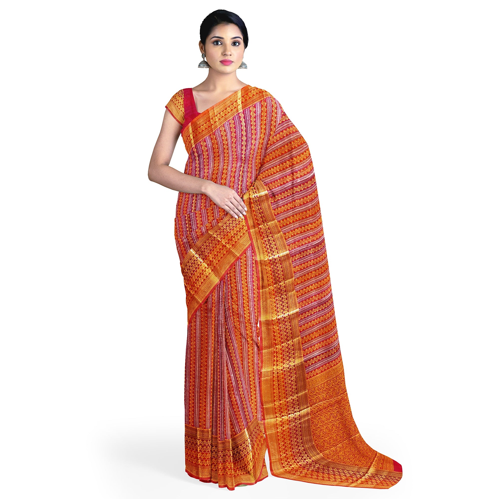 Orange Peachish organza Saree with Gold Zari Work and Fancy Border – Elegant Handloom Saree Online - New Sudarshan Silks`