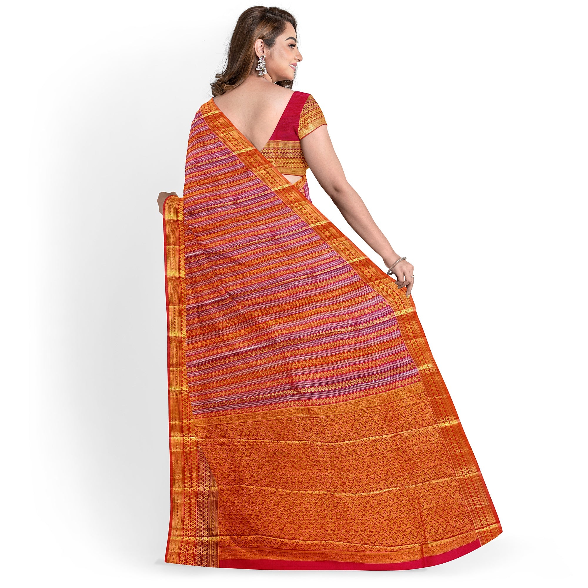 Orange Peachish organza Saree with Gold Zari Work and Fancy Border – Elegant Handloom Saree Online - New Sudarshan Silks`