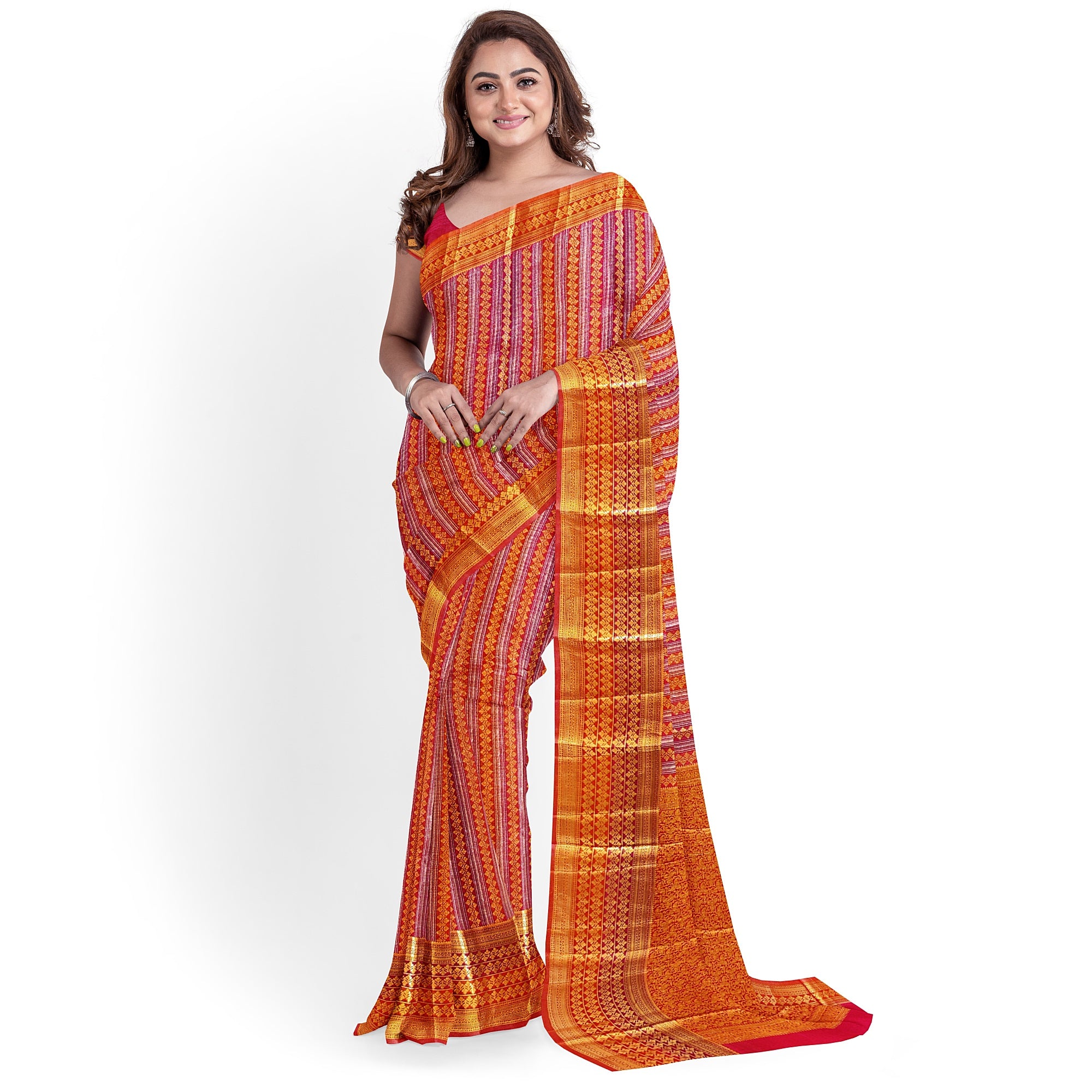 Orange Peachish organza Saree with Gold Zari Work and Fancy Border – Elegant Handloom Saree Online - New Sudarshan Silks`