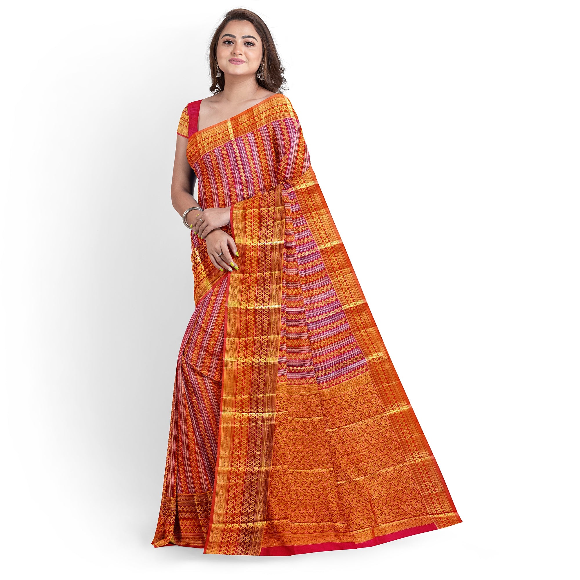 Orange Peachish organza Saree with Gold Zari Work and Fancy Border – Elegant Handloom Saree Online - New Sudarshan Silks`