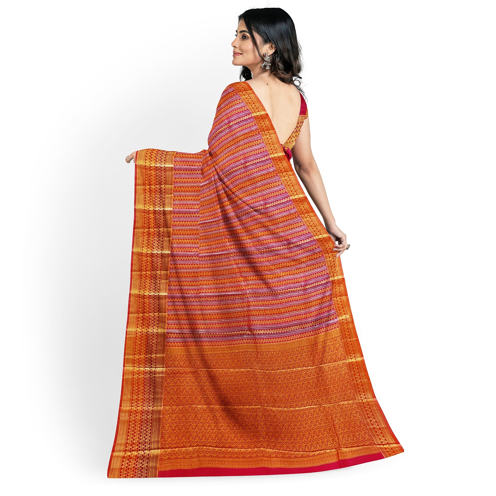 Orange Peachish organza Saree with Gold Zari Work and Fancy Border – Elegant Handloom Saree Online - New Sudarshan Silks`