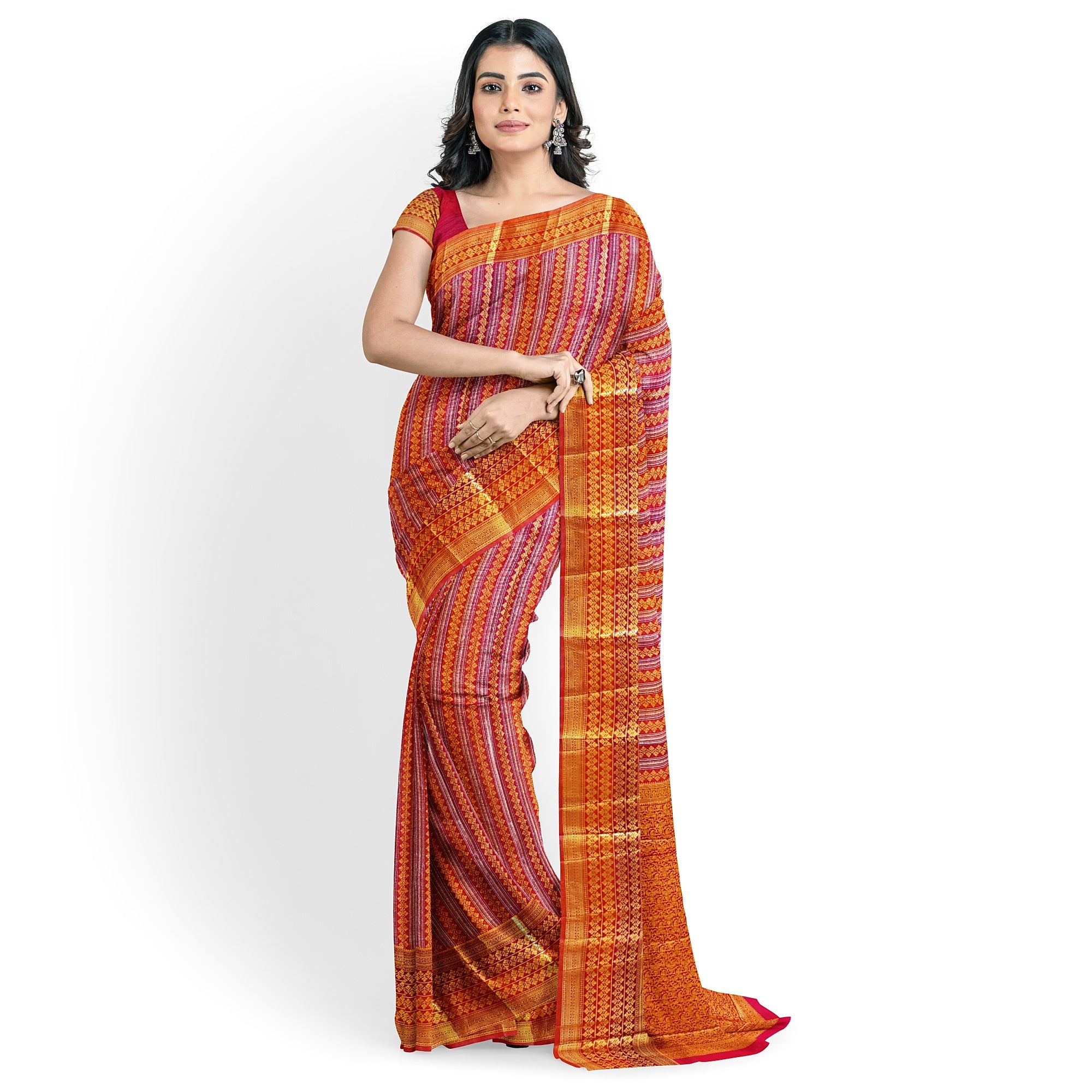 Orange Peachish organza Saree with Gold Zari Work and Fancy Border – Elegant Handloom Saree Online - New Sudarshan Silks`