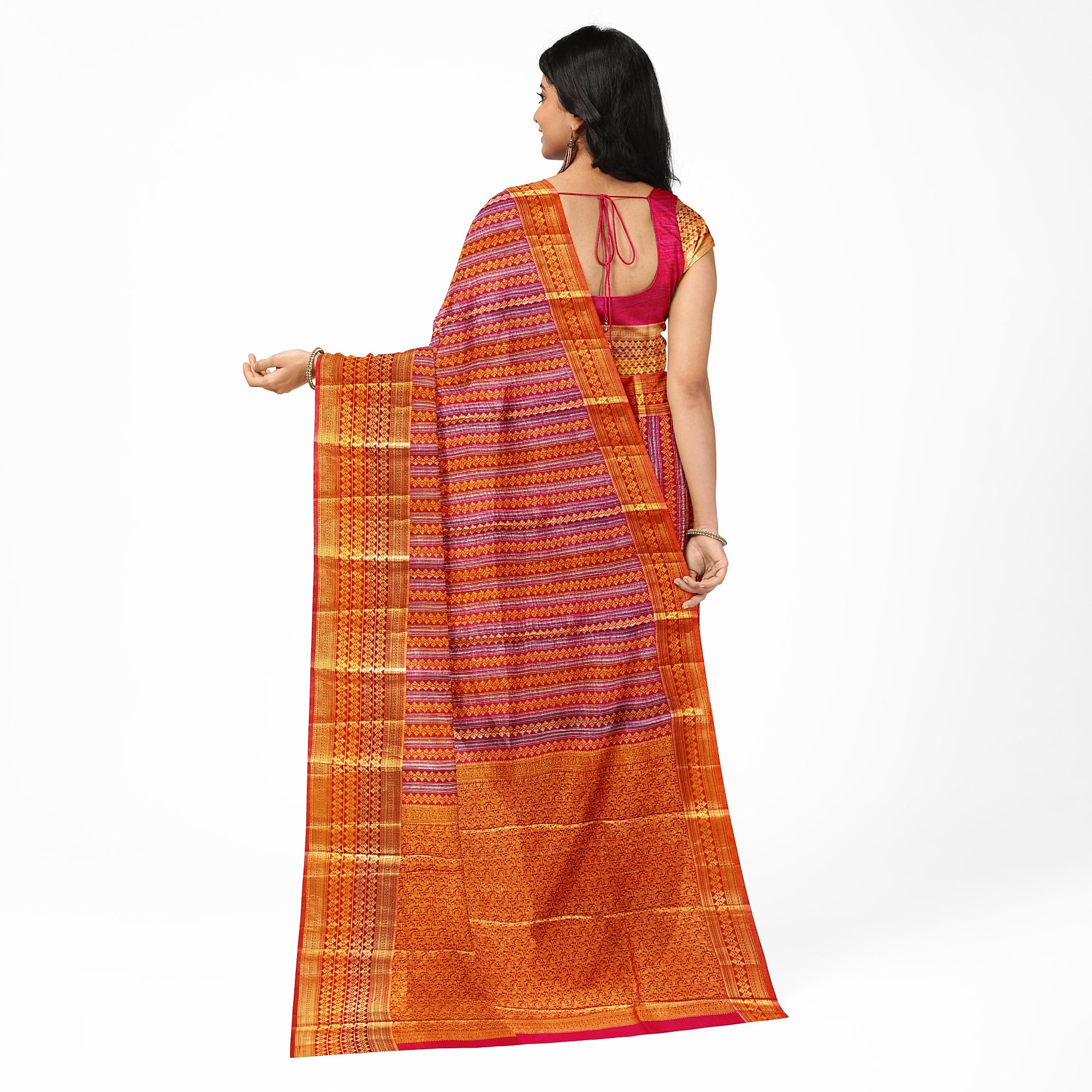 Orange Peachish organza Saree with Gold Zari Work and Fancy Border – Elegant Handloom Saree Online - New Sudarshan Silks`