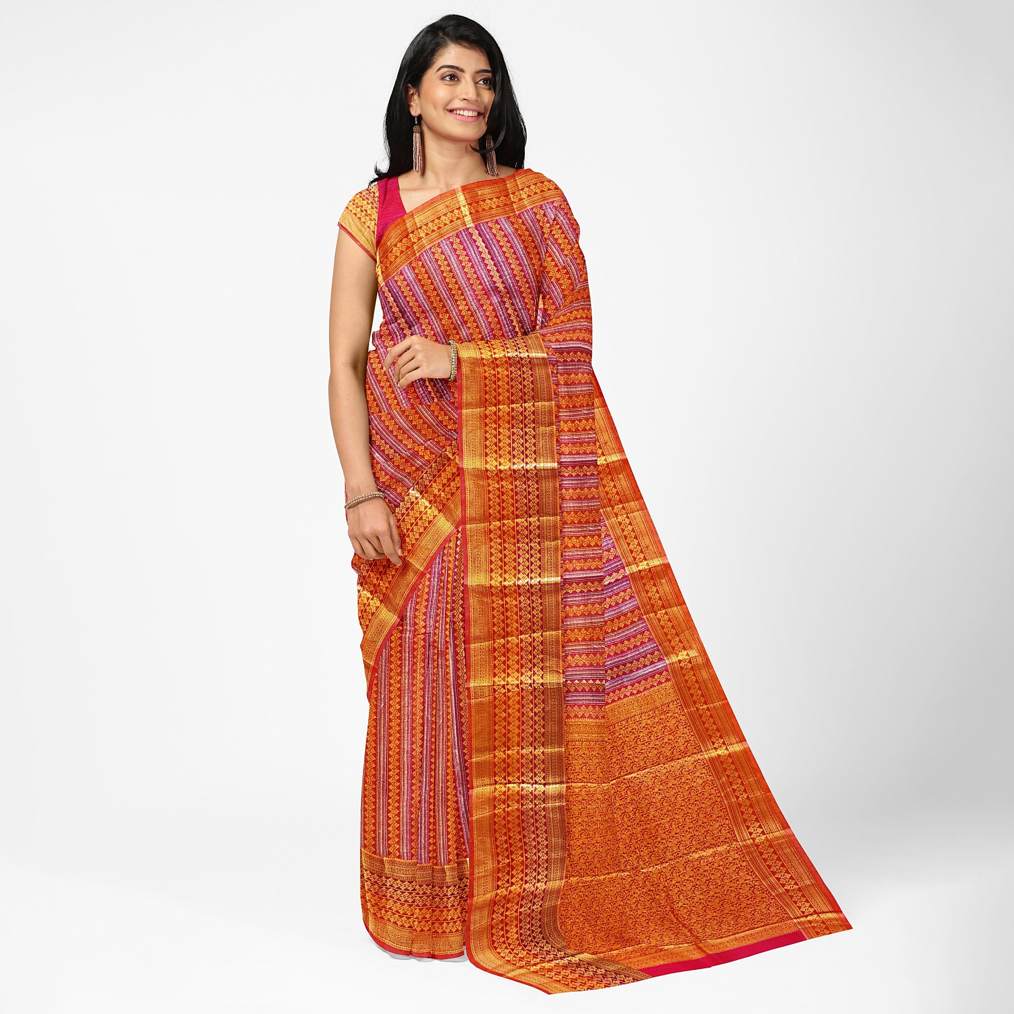 Orange Peachish organza Saree with Gold Zari Work and Fancy Border – Elegant Handloom Saree Online - New Sudarshan Silks`