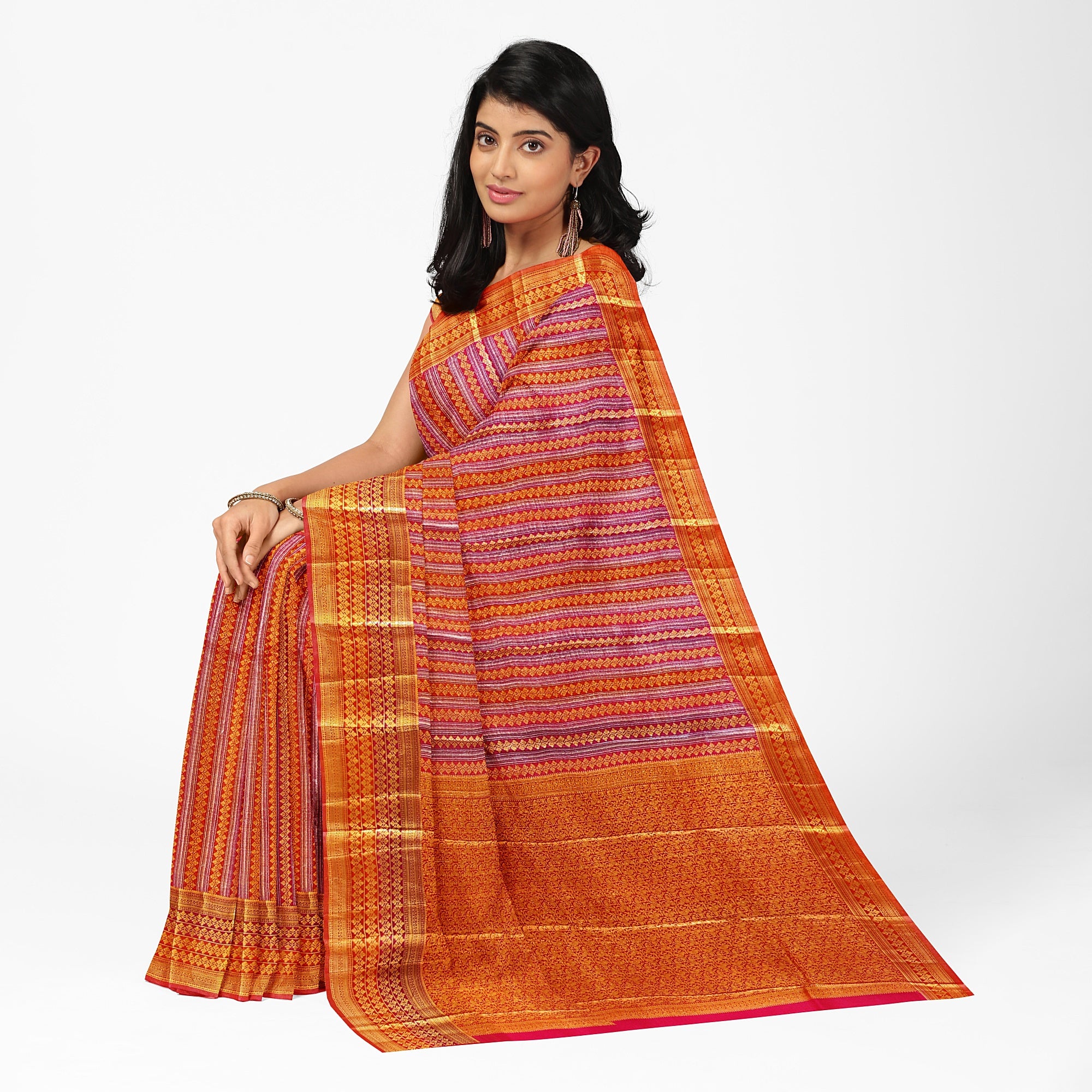 Orange Peachish organza Saree with Gold Zari Work and Fancy Border – Elegant Handloom Saree Online - New Sudarshan Silks`
