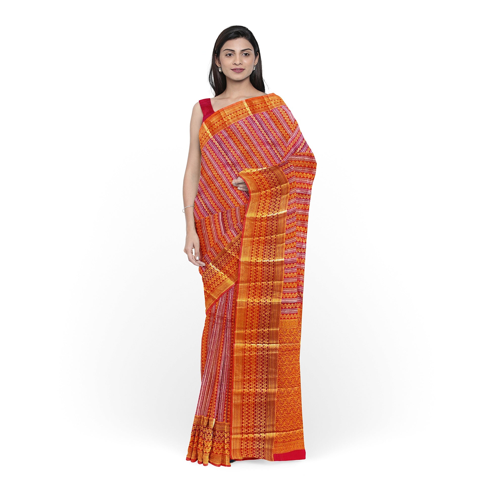 Orange Peachish organza Saree with Gold Zari Work and Fancy Border – Elegant Handloom Saree Online - New Sudarshan Silks`