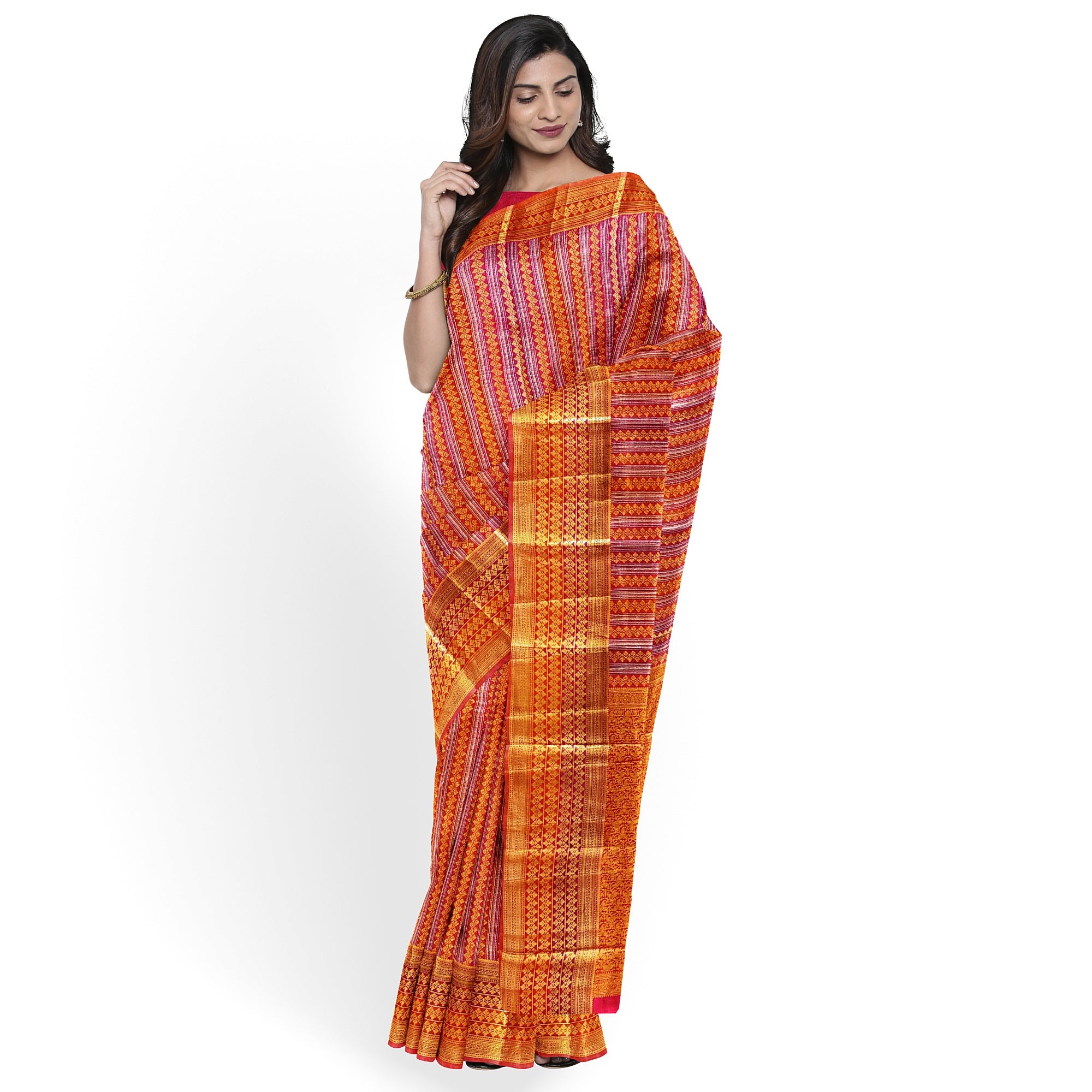 Orange Peachish organza Saree with Gold Zari Work and Fancy Border – Elegant Handloom Saree Online - New Sudarshan Silks`