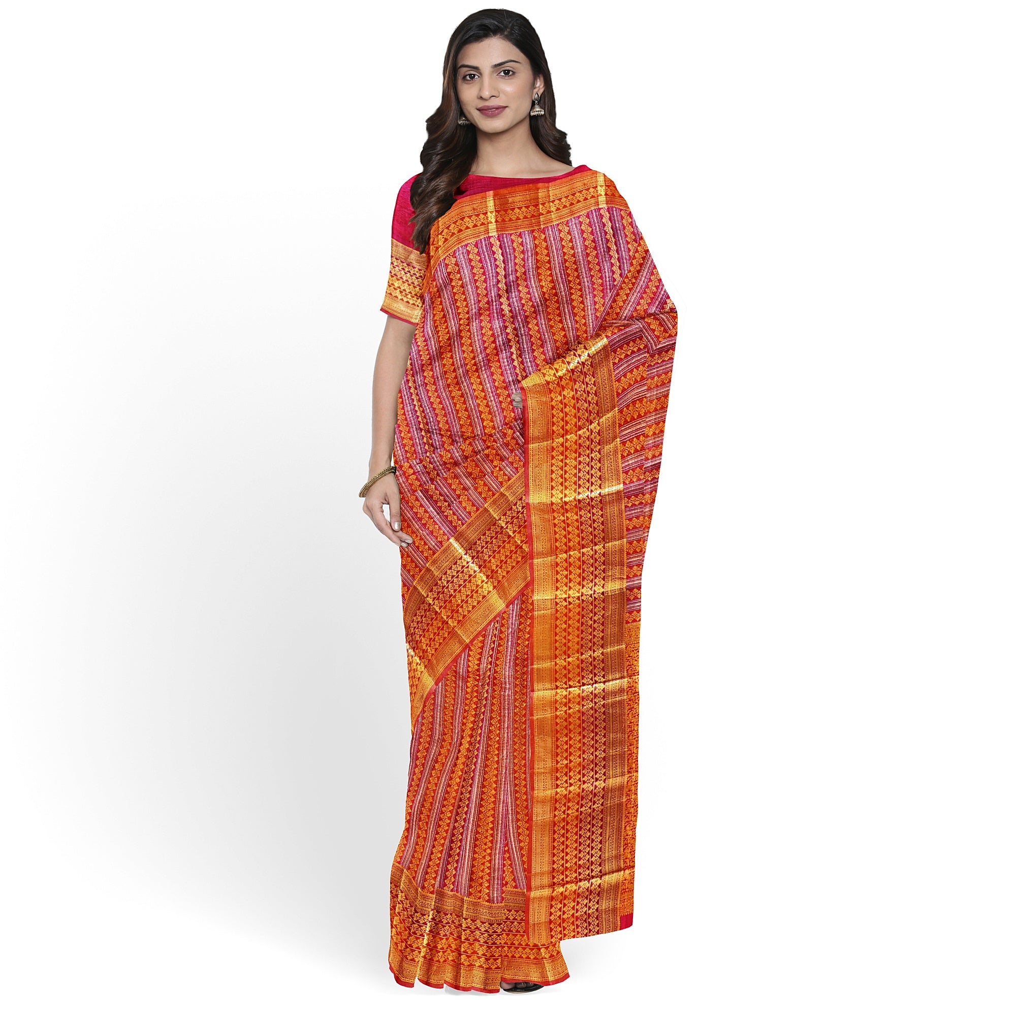 Orange Peachish organza Saree with Gold Zari Work and Fancy Border – Elegant Handloom Saree Online - New Sudarshan Silks`