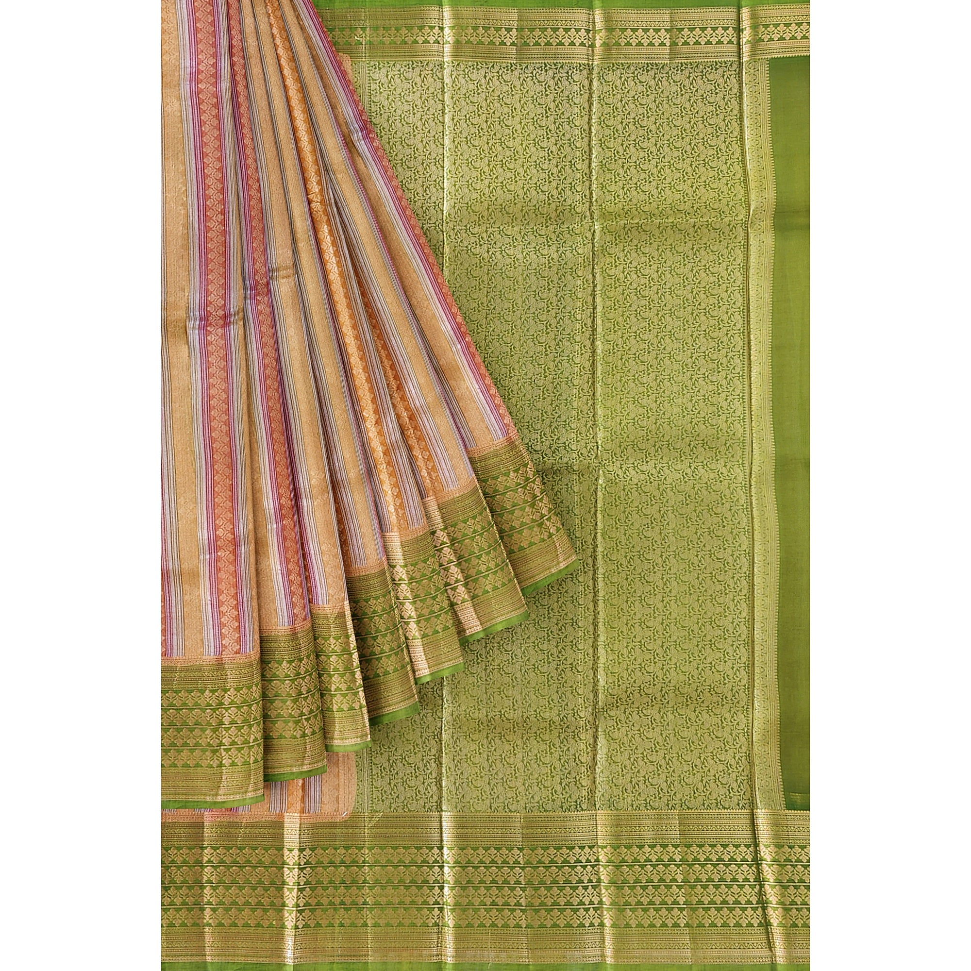 Goldish Green Organza Silk Saree with Designer Border – Elegant Luxury Saree Online - New Sudarshan Silks`