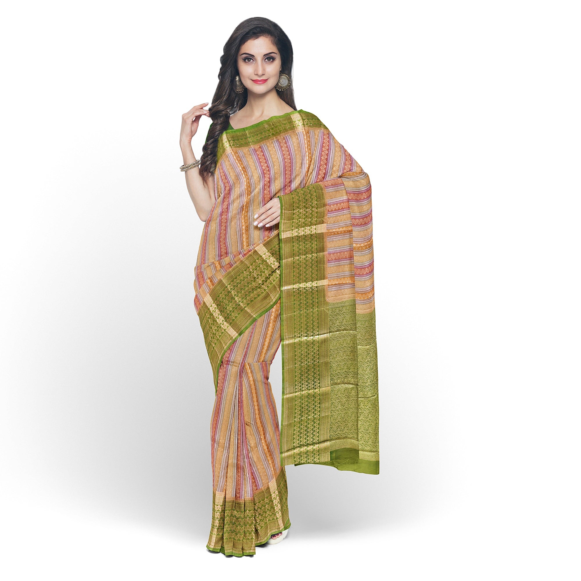 Goldish Green Organza Silk Saree with Designer Border – Elegant Luxury Saree Online - New Sudarshan Silks`