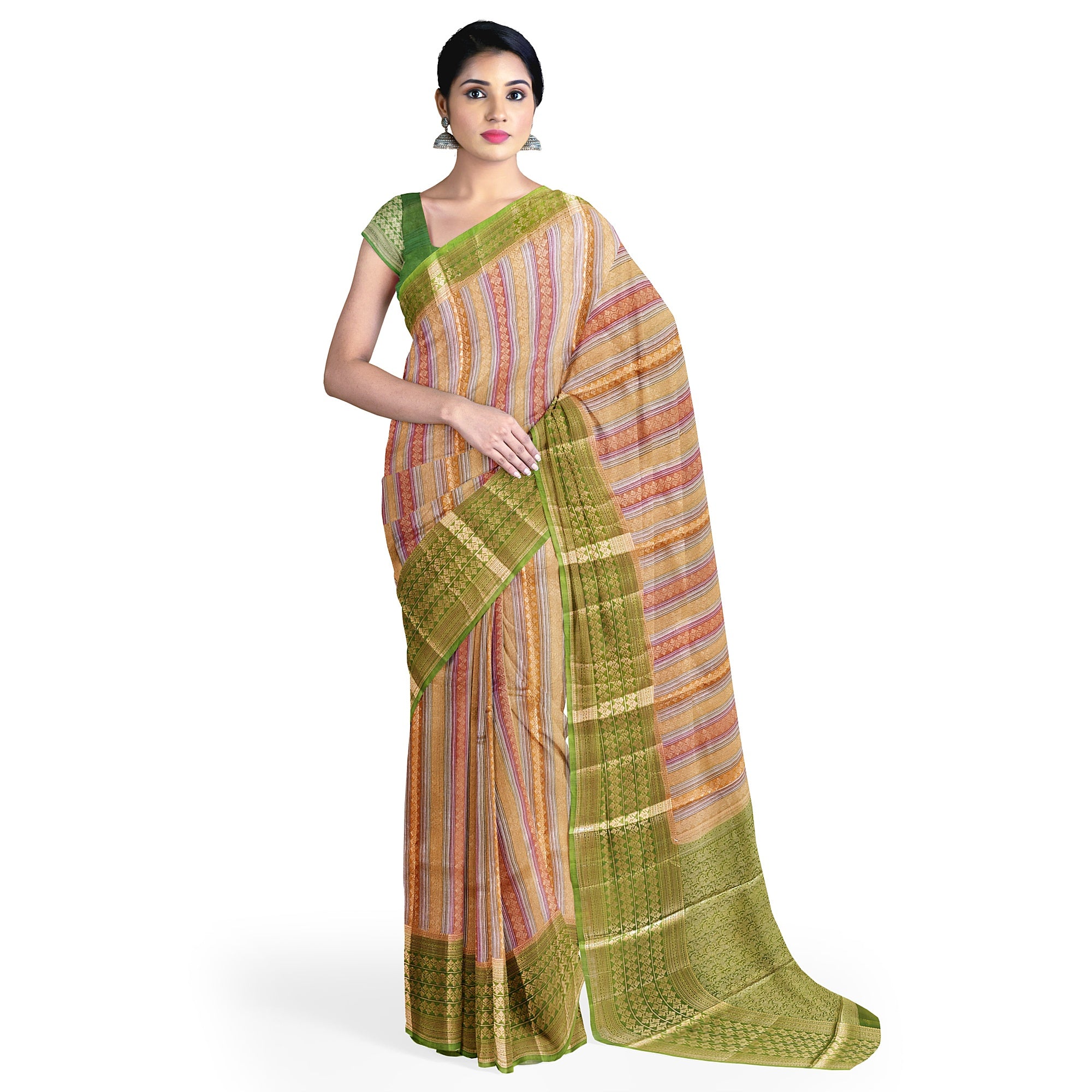 Goldish Green Organza Silk Saree with Designer Border – Elegant Luxury Saree Online - New Sudarshan Silks`