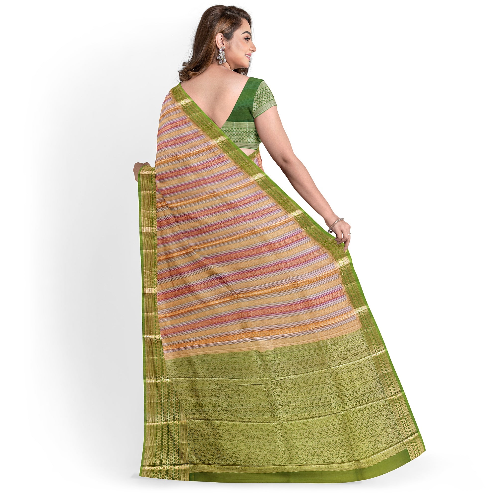 Goldish Green Organza Silk Saree with Designer Border – Elegant Luxury Saree Online - New Sudarshan Silks`