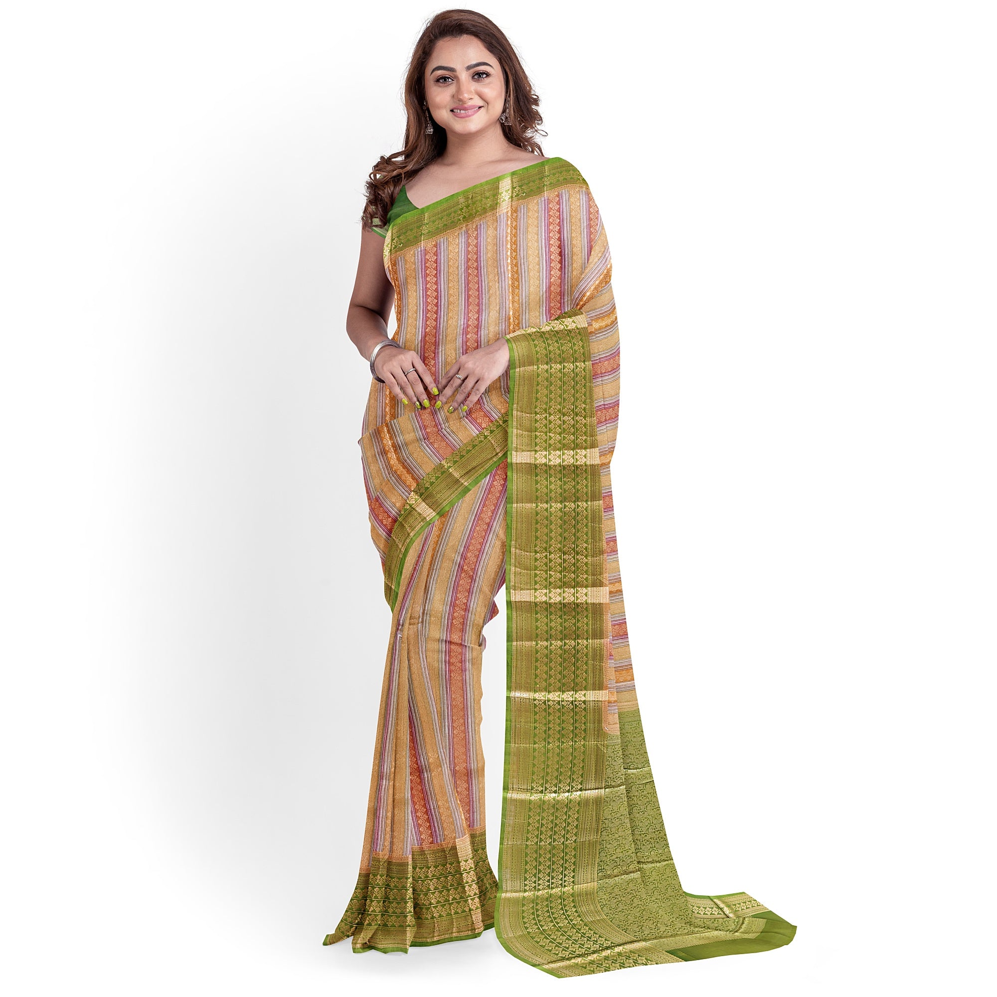 Goldish Green Organza Silk Saree with Designer Border – Elegant Luxury Saree Online - New Sudarshan Silks`