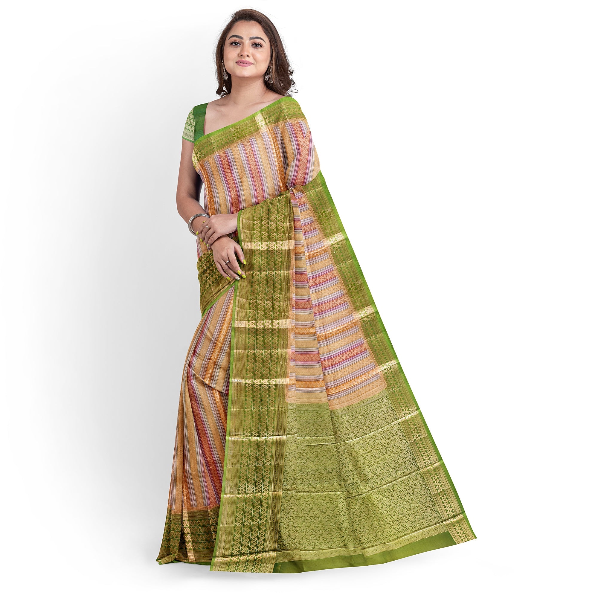 Goldish Green Organza Silk Saree with Designer Border – Elegant Luxury Saree Online - New Sudarshan Silks`
