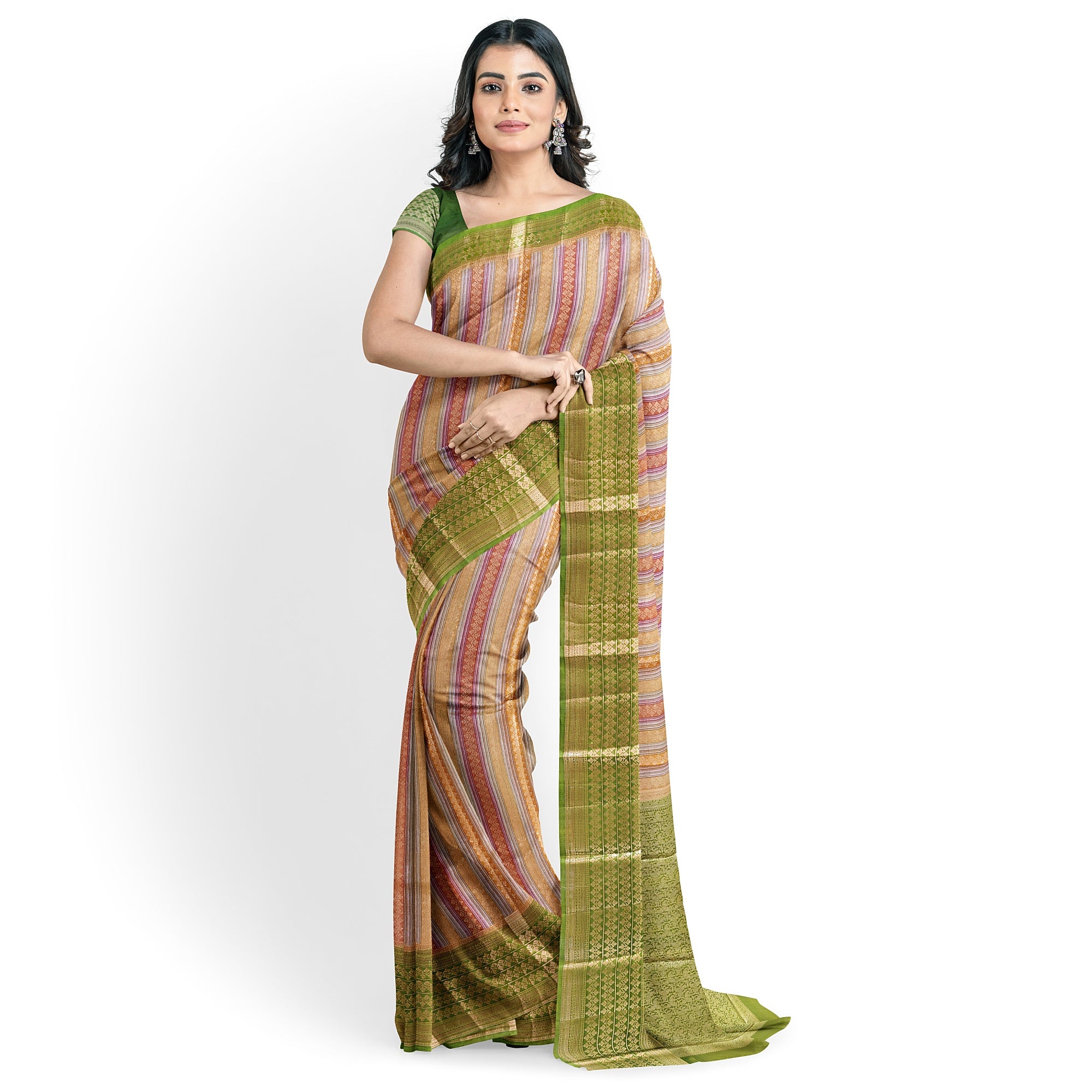 Goldish Green Organza Silk Saree with Designer Border – Elegant Luxury Saree Online - New Sudarshan Silks`