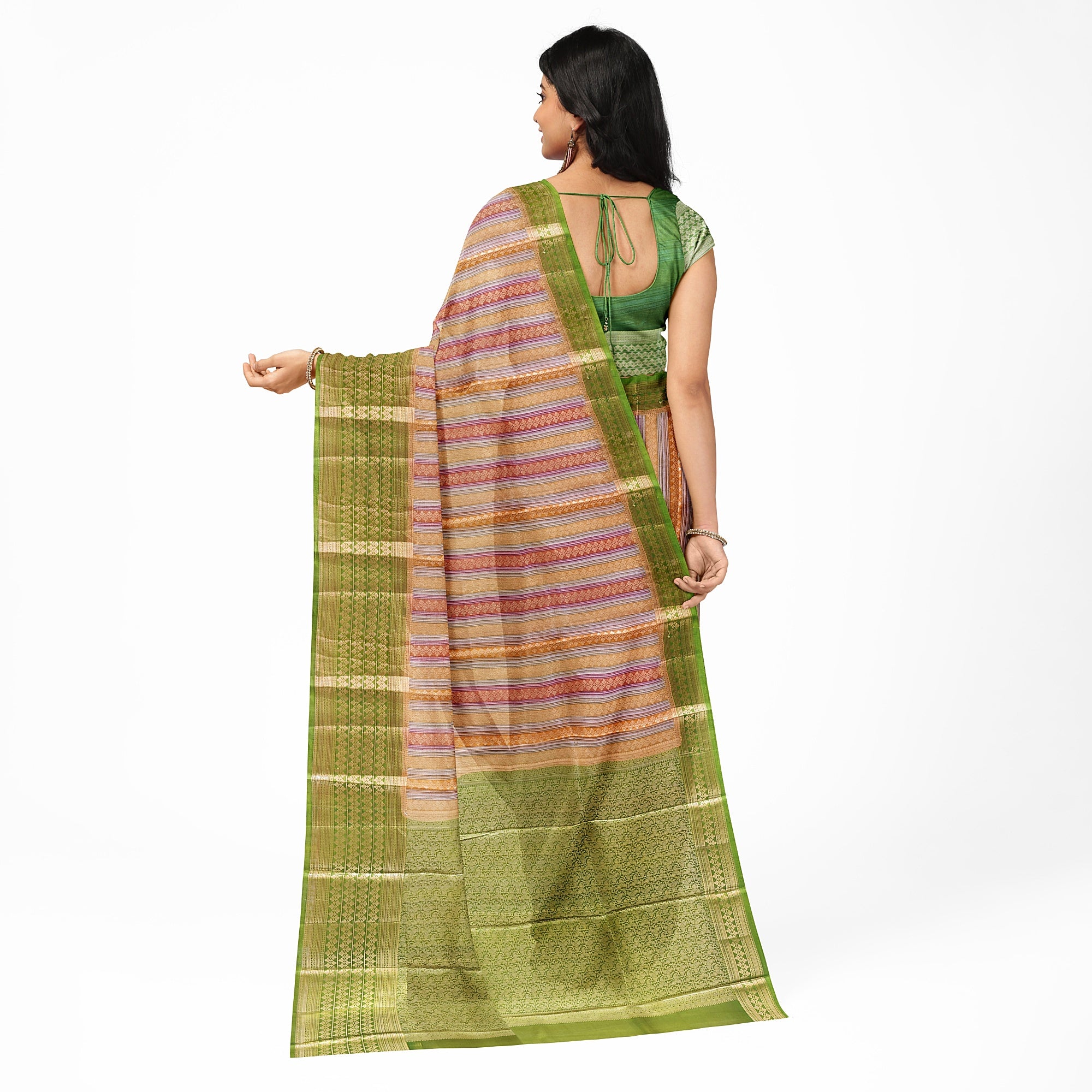 Goldish Green Organza Silk Saree with Designer Border – Elegant Luxury Saree Online - New Sudarshan Silks`