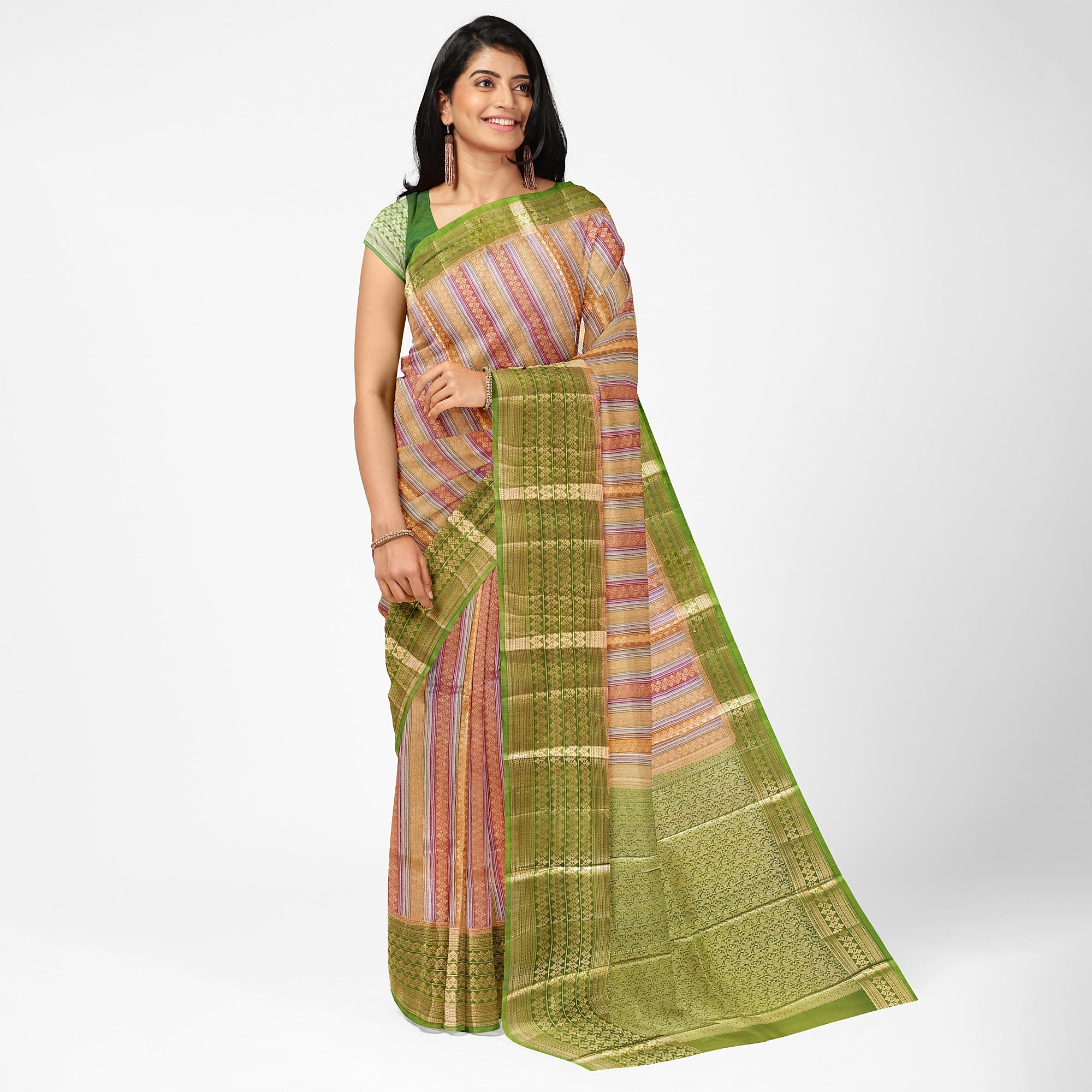 Goldish Green Organza Silk Saree with Designer Border – Elegant Luxury Saree Online - New Sudarshan Silks`
