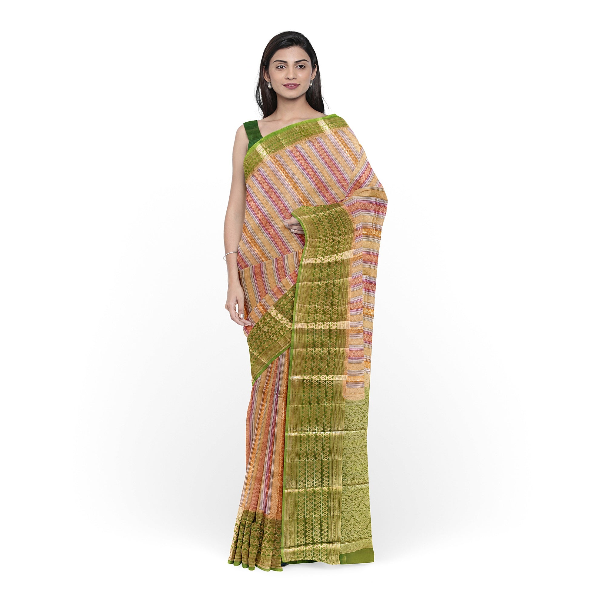 Goldish Green Organza Silk Saree with Designer Border – Elegant Luxury Saree Online - New Sudarshan Silks`