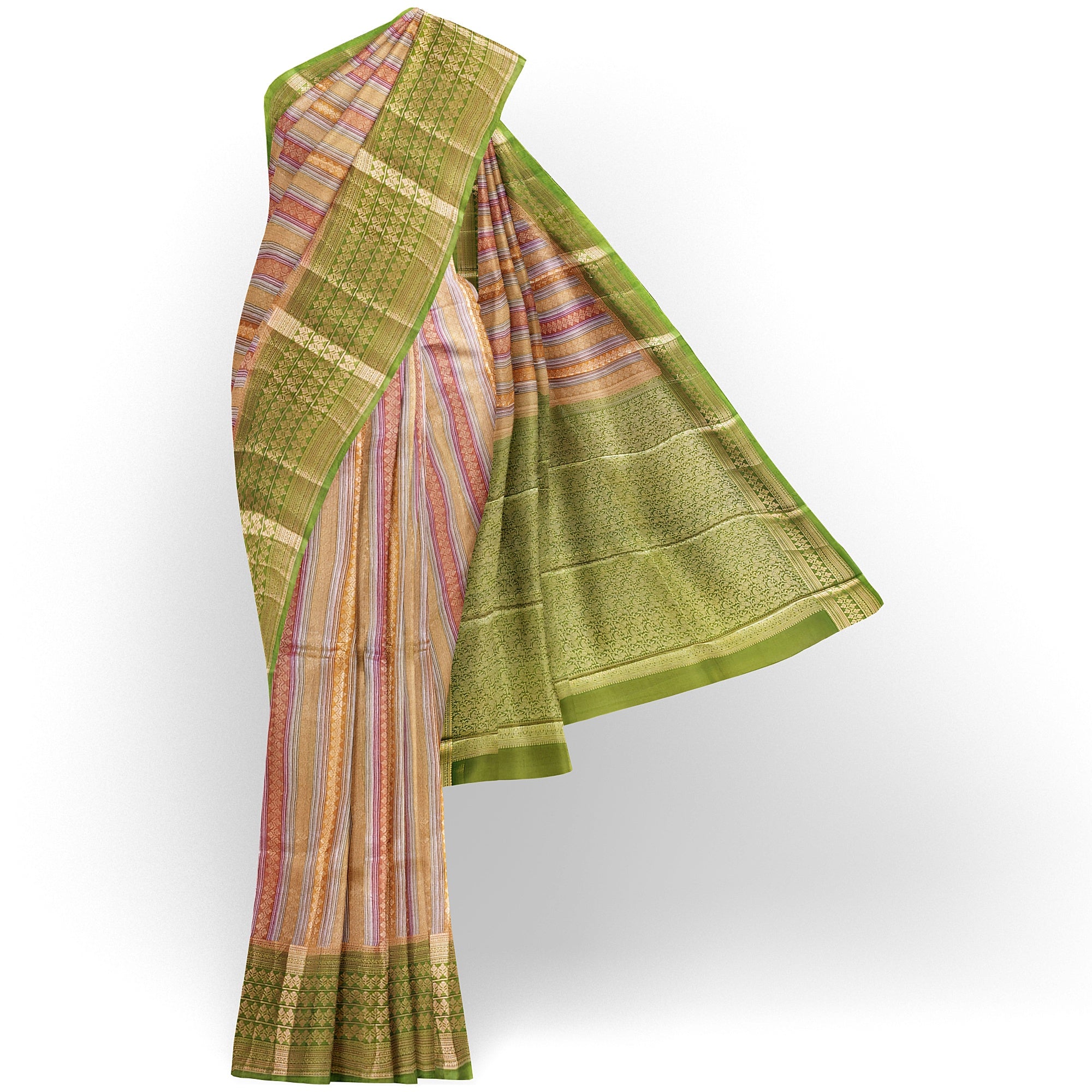 Goldish Green Organza Silk Saree with Designer Border – Elegant Luxury Saree Online - New Sudarshan Silks`
