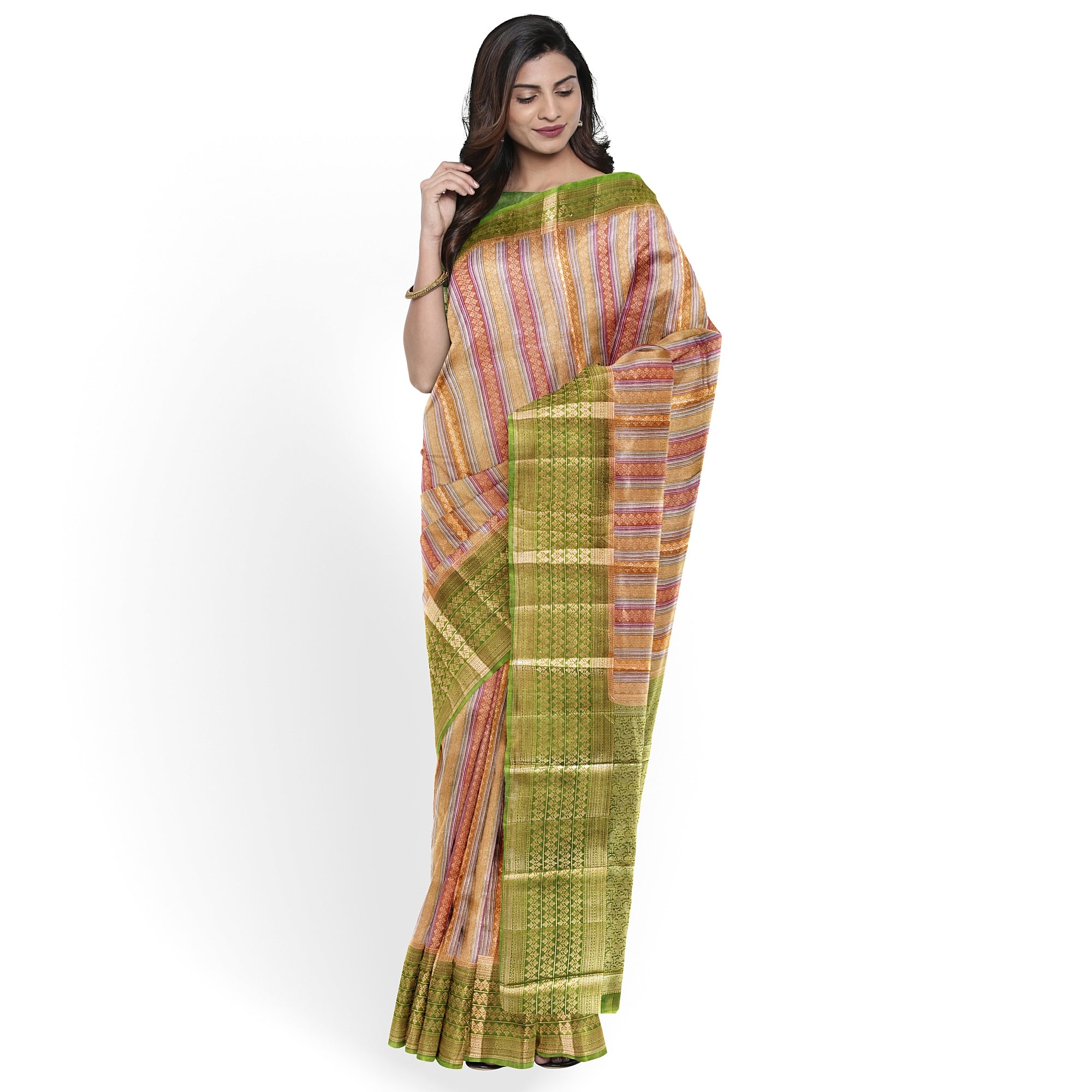 Goldish Green Organza Silk Saree with Designer Border – Elegant Luxury Saree Online - New Sudarshan Silks`