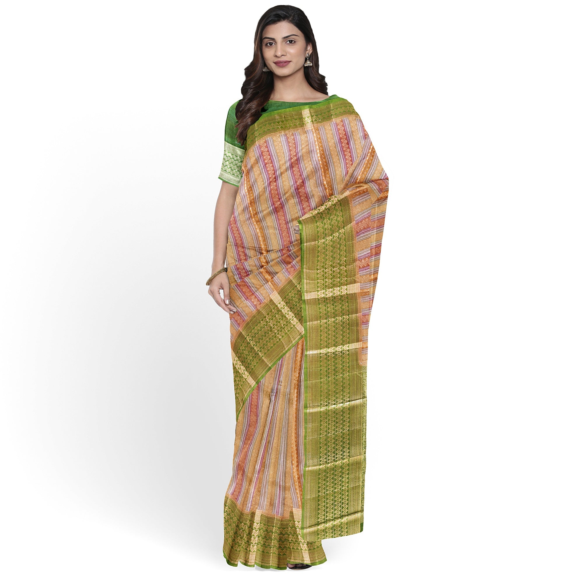 Goldish Green Organza Silk Saree with Designer Border – Elegant Luxury Saree Online - New Sudarshan Silks`