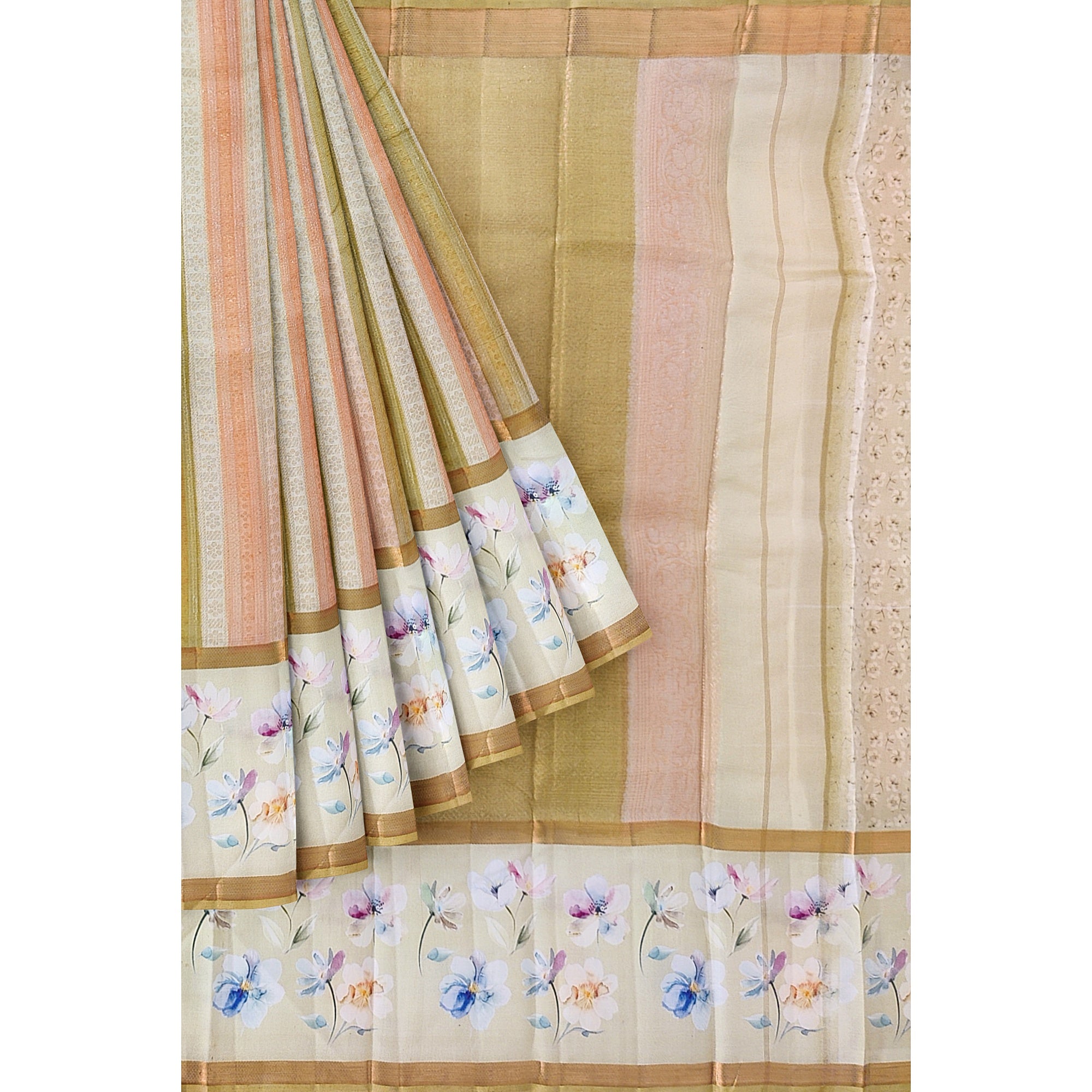 Pastel Shade Multicolor Pure Organza Silk Saree with Printed Floral Border – Elegant Designer Saree Online - New Sudarshan Silks`