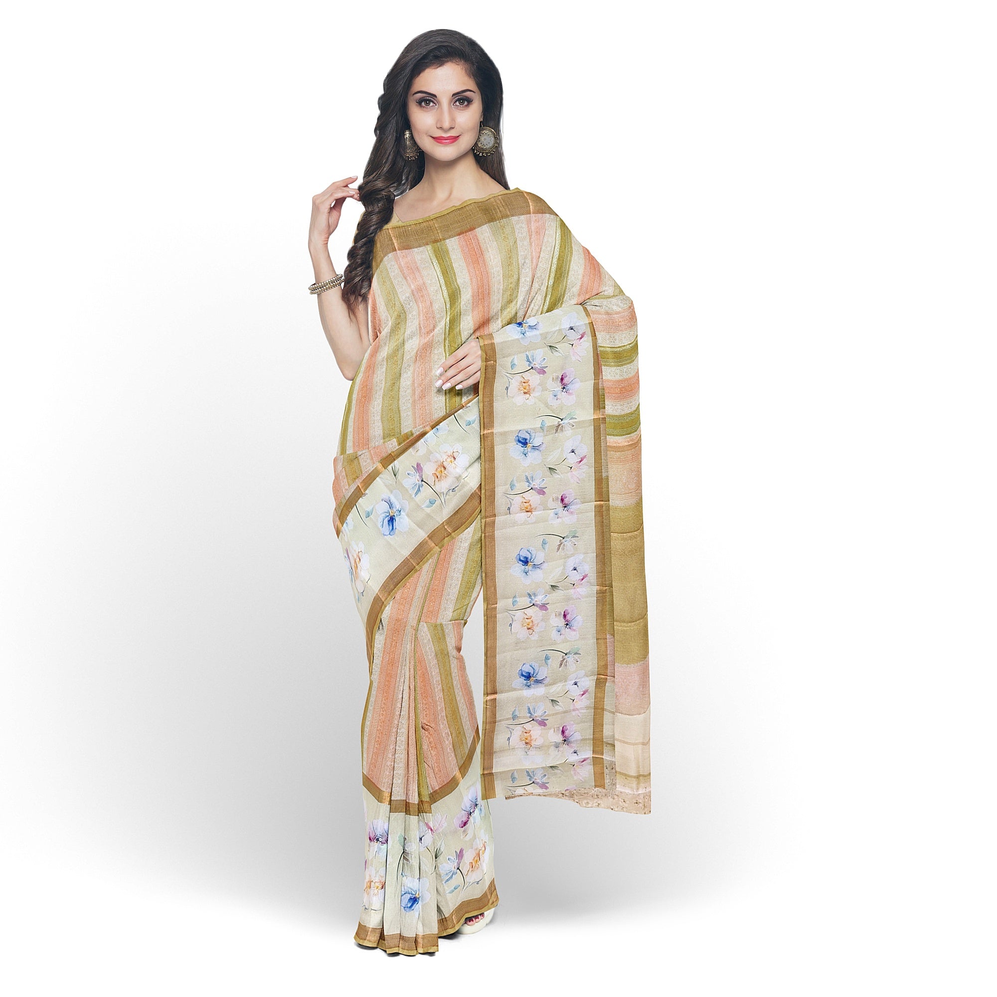 Pastel Shade Multicolor Pure Organza Silk Saree with Printed Floral Border – Elegant Designer Saree Online - New Sudarshan Silks`