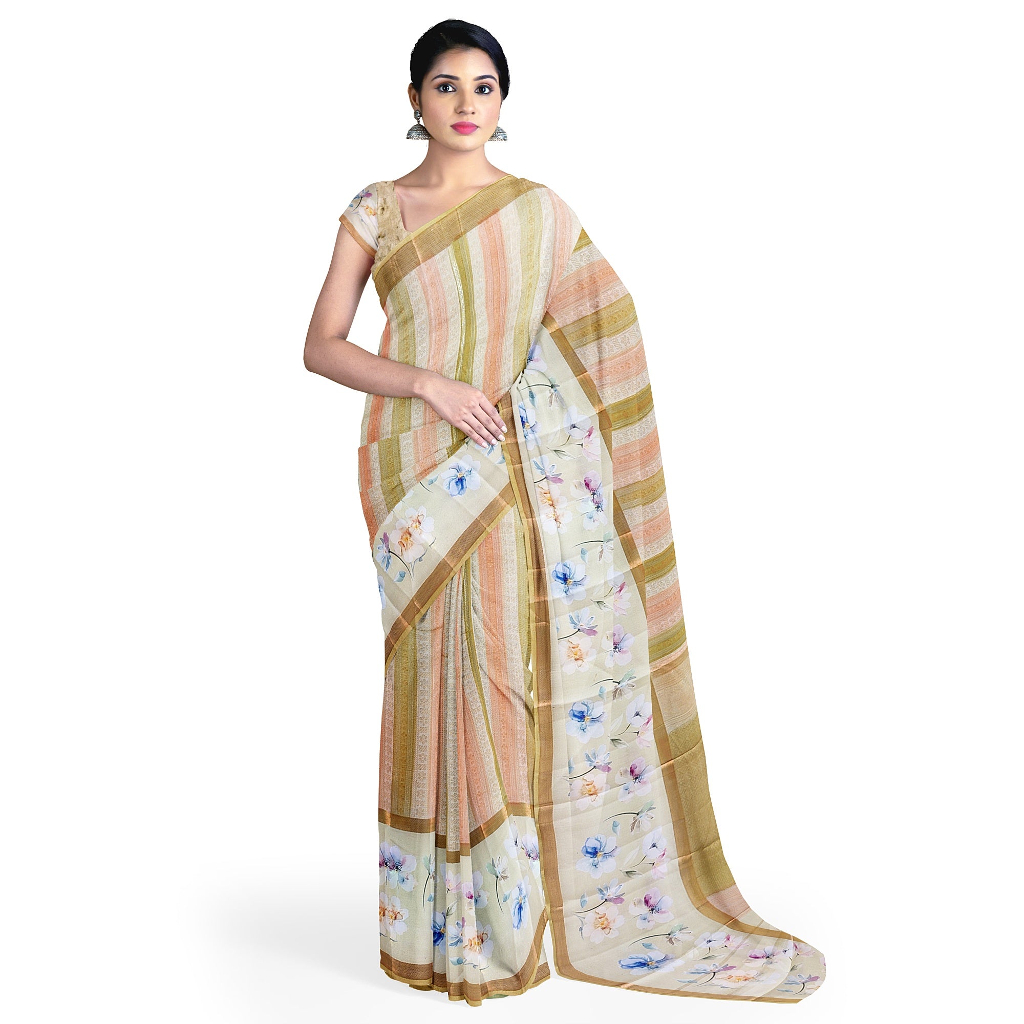 Pastel Shade Multicolor Pure Organza Silk Saree with Printed Floral Border – Elegant Designer Saree Online - New Sudarshan Silks`