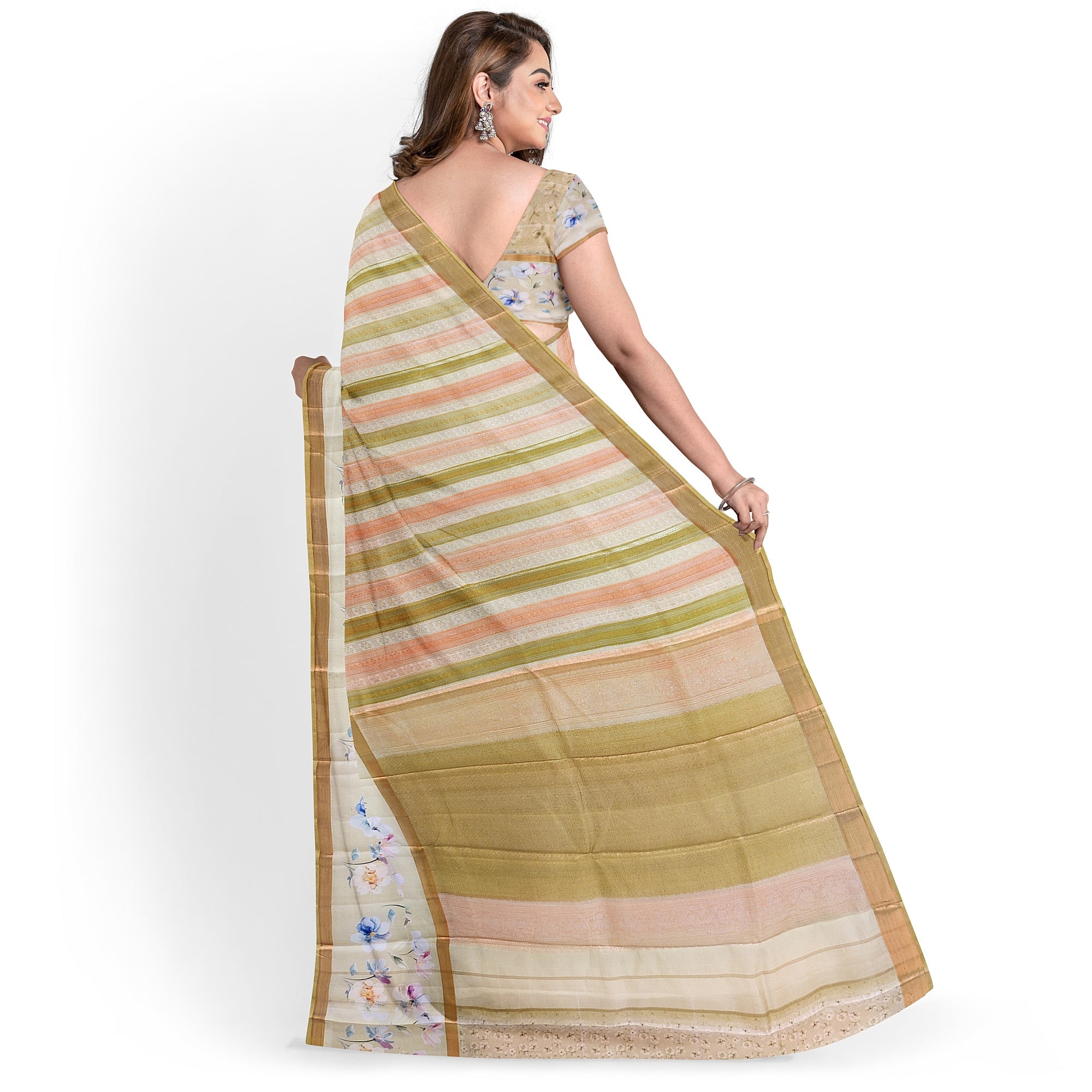 Pastel Shade Multicolor Pure Organza Silk Saree with Printed Floral Border – Elegant Designer Saree Online - New Sudarshan Silks`