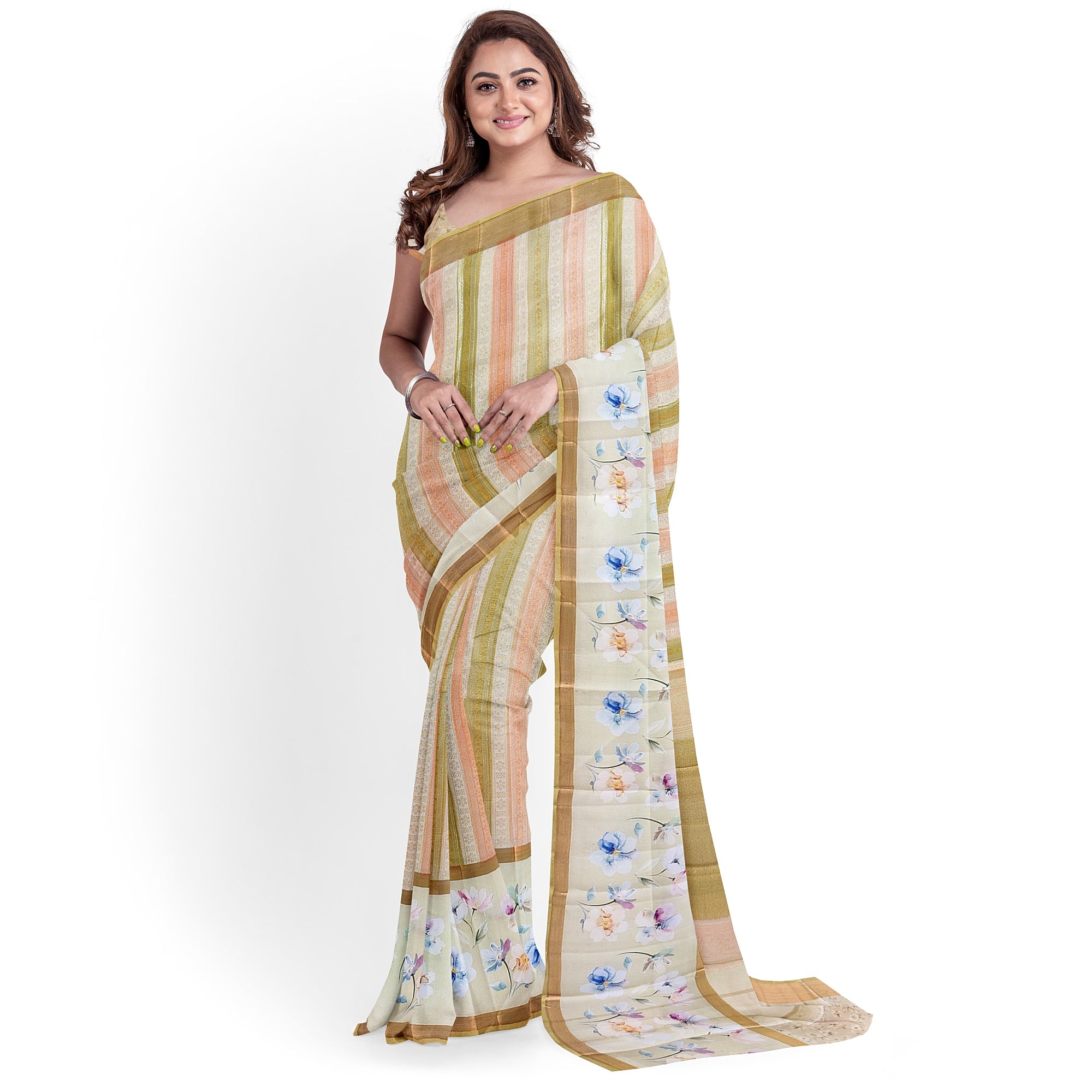 Pastel Shade Multicolor Pure Organza Silk Saree with Printed Floral Border – Elegant Designer Saree Online - New Sudarshan Silks`