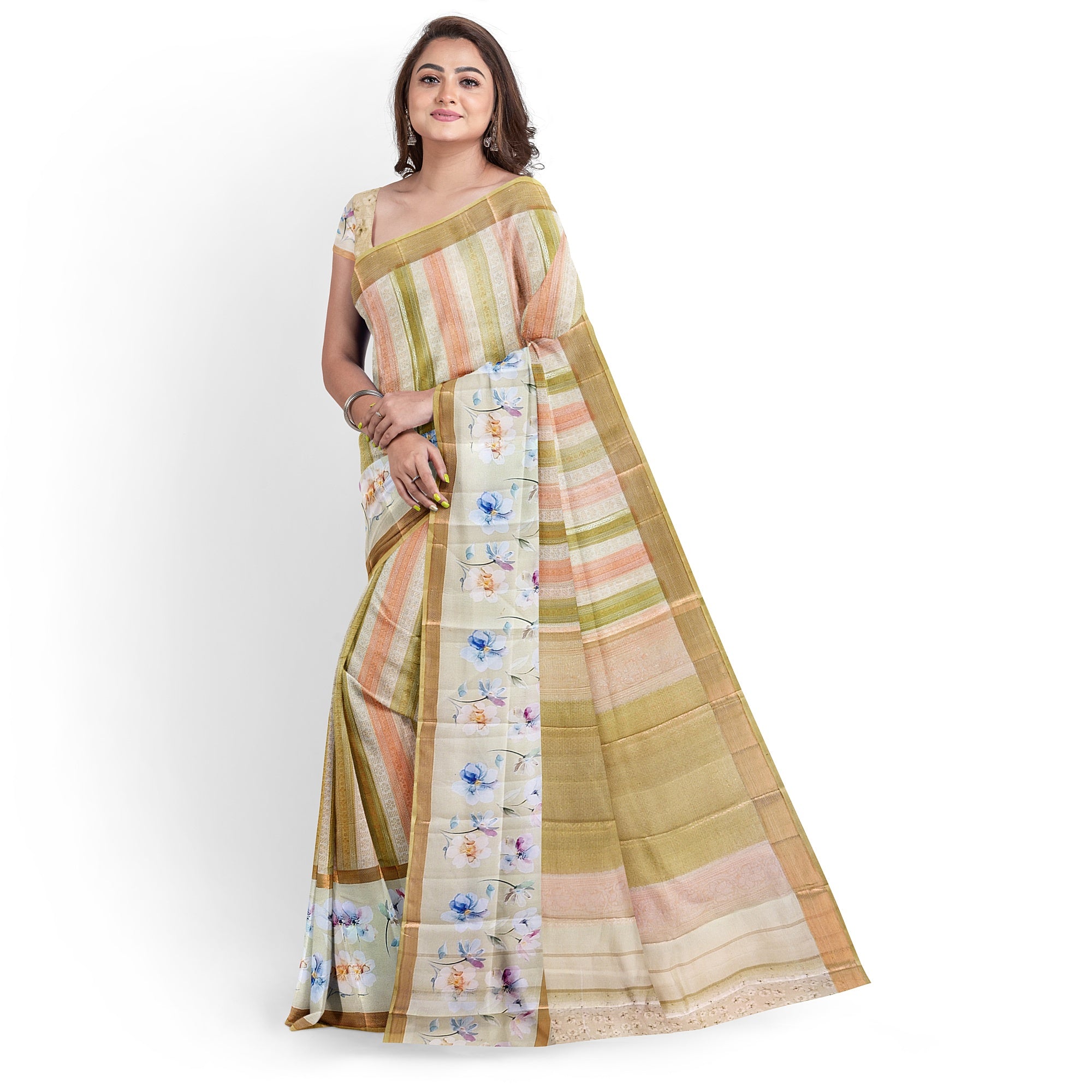 Pastel Shade Multicolor Pure Organza Silk Saree with Printed Floral Border – Elegant Designer Saree Online - New Sudarshan Silks`