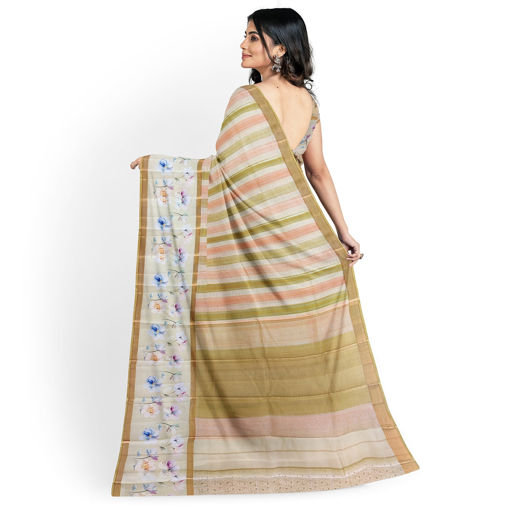 Pastel Shade Multicolor Pure Organza Silk Saree with Printed Floral Border – Elegant Designer Saree Online - New Sudarshan Silks`