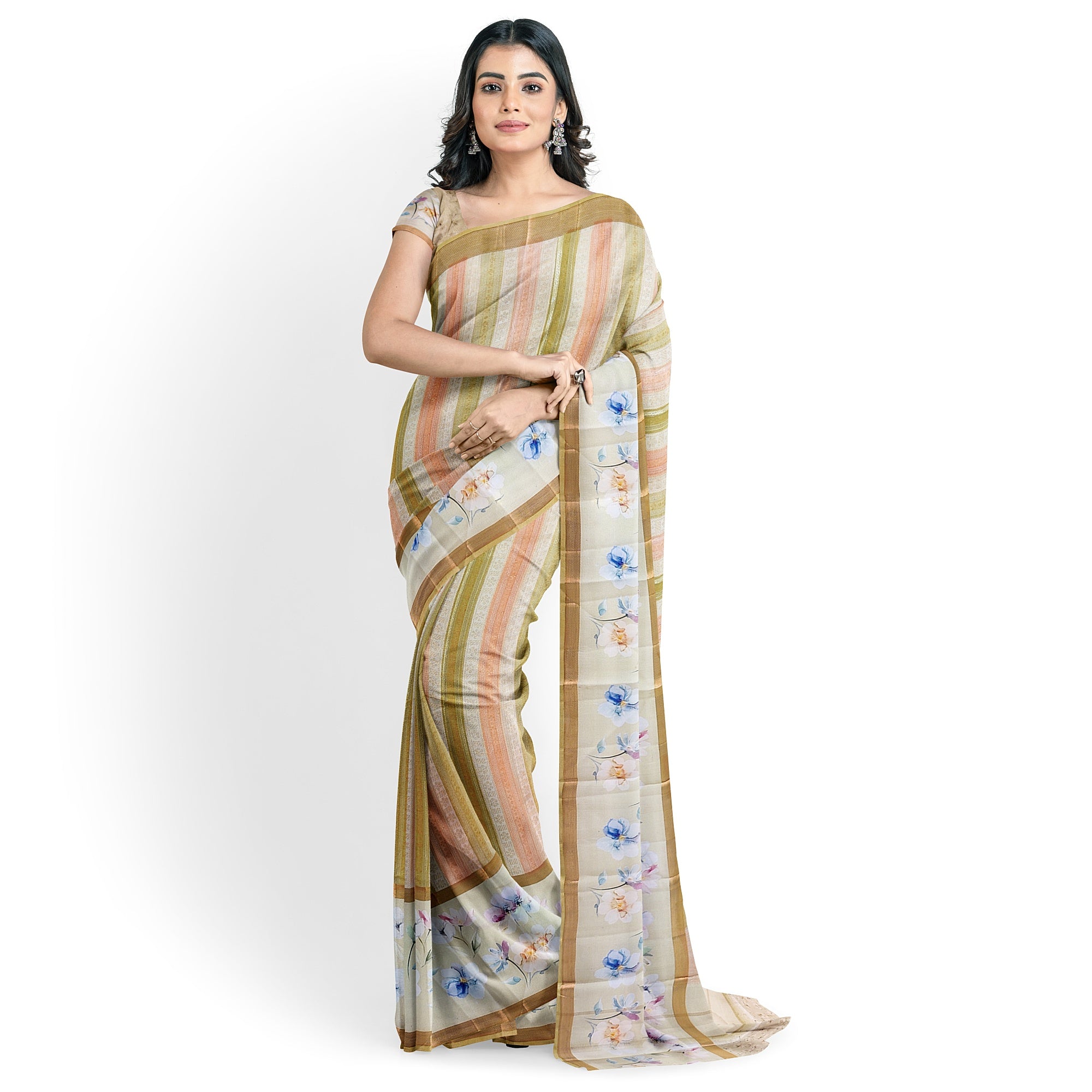 Pastel Shade Multicolor Pure Organza Silk Saree with Printed Floral Border – Elegant Designer Saree Online - New Sudarshan Silks`