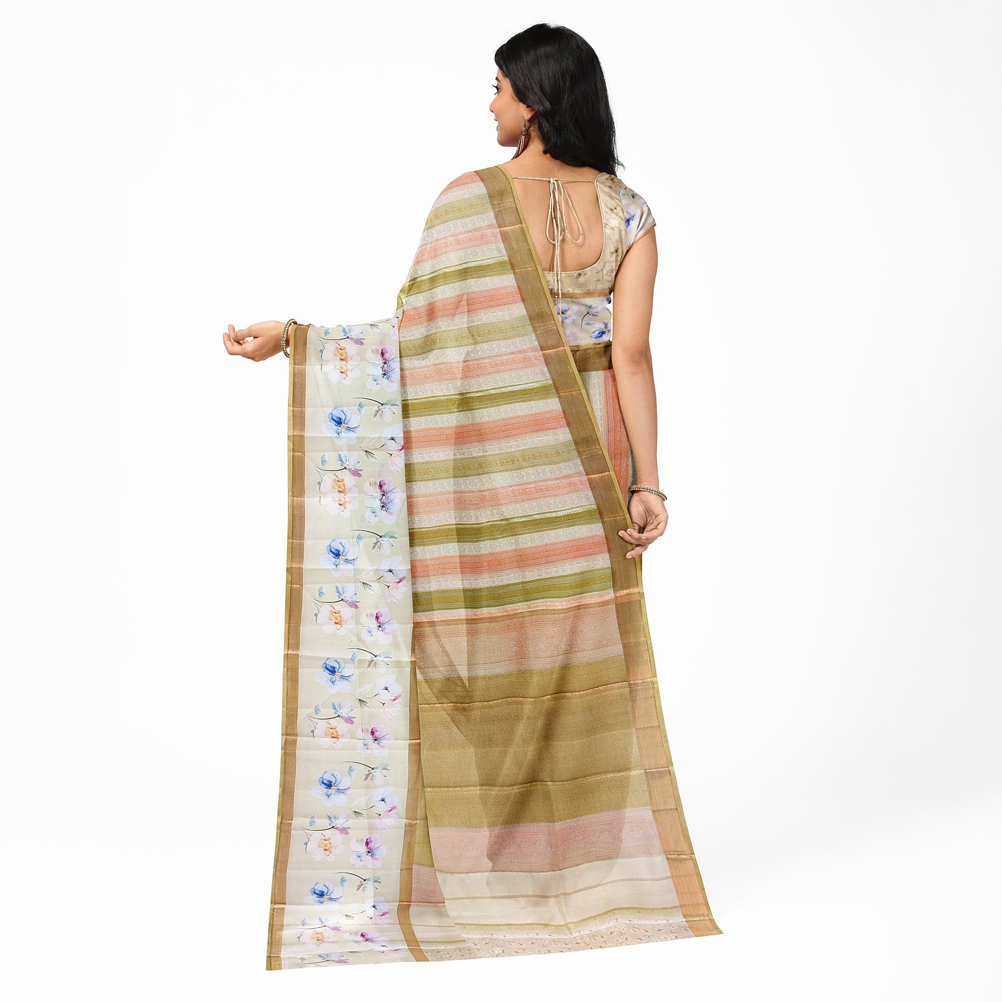 Pastel Shade Multicolor Pure Organza Silk Saree with Printed Floral Border – Elegant Designer Saree Online - New Sudarshan Silks`